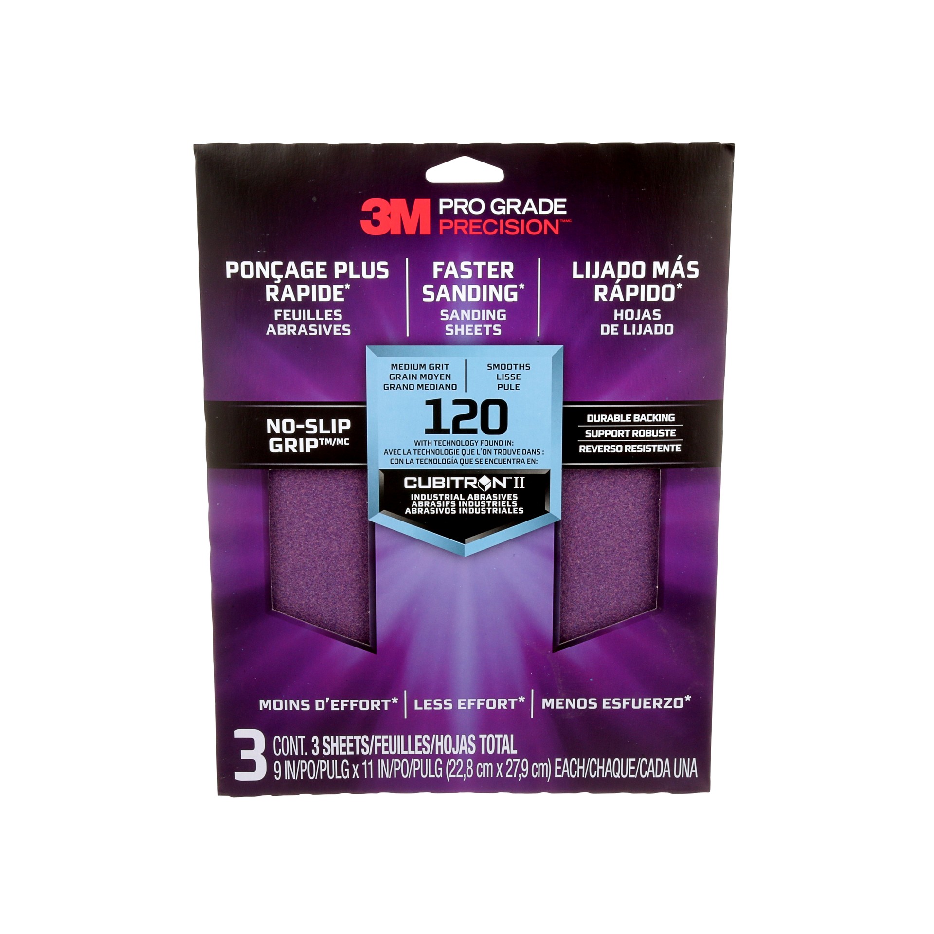 3M Pro Grade Precision™ Faster Sanding Sanding Sheets 26120TRI-3, with NO-SLIP GRIP, 120 Grit, Medium, 9 in x 11 in, 3/Pack