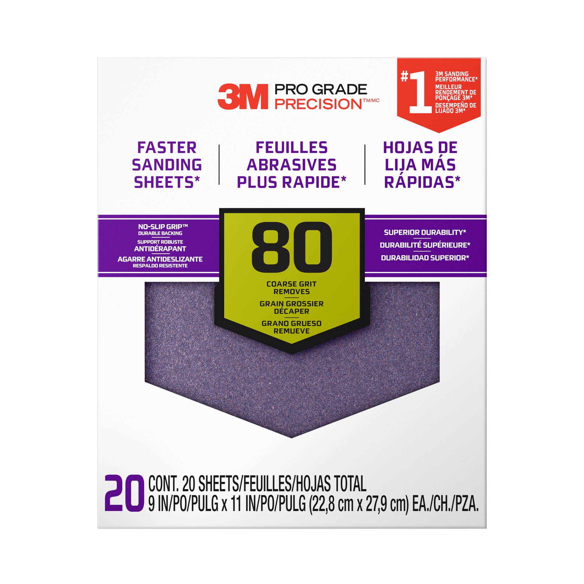 3M Pro Grade Precision™ Faster Sanding Sheets w/ NO-SLIP GRIP™ Backing SHCP80-PGP20T, 9 in x 11 in, 80 Gr, 20 Shts/pk
