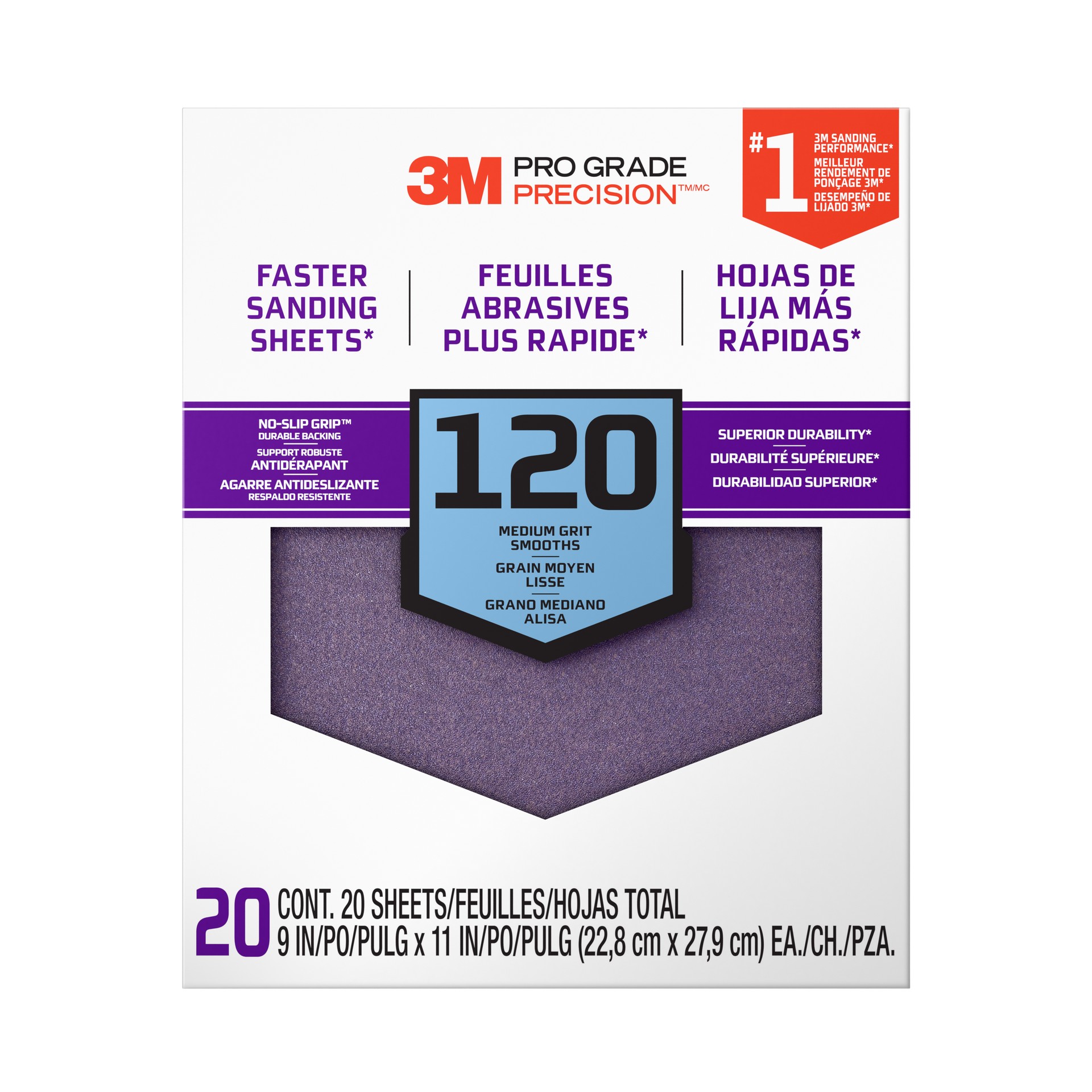 3M Pro Grade Precision™ Faster Sanding Sheets w/ NO-SLIP GRIP™ Backing SHCP120-PGP20T, 9 in x 11 in, 120 Gr, 20 Shts/pk