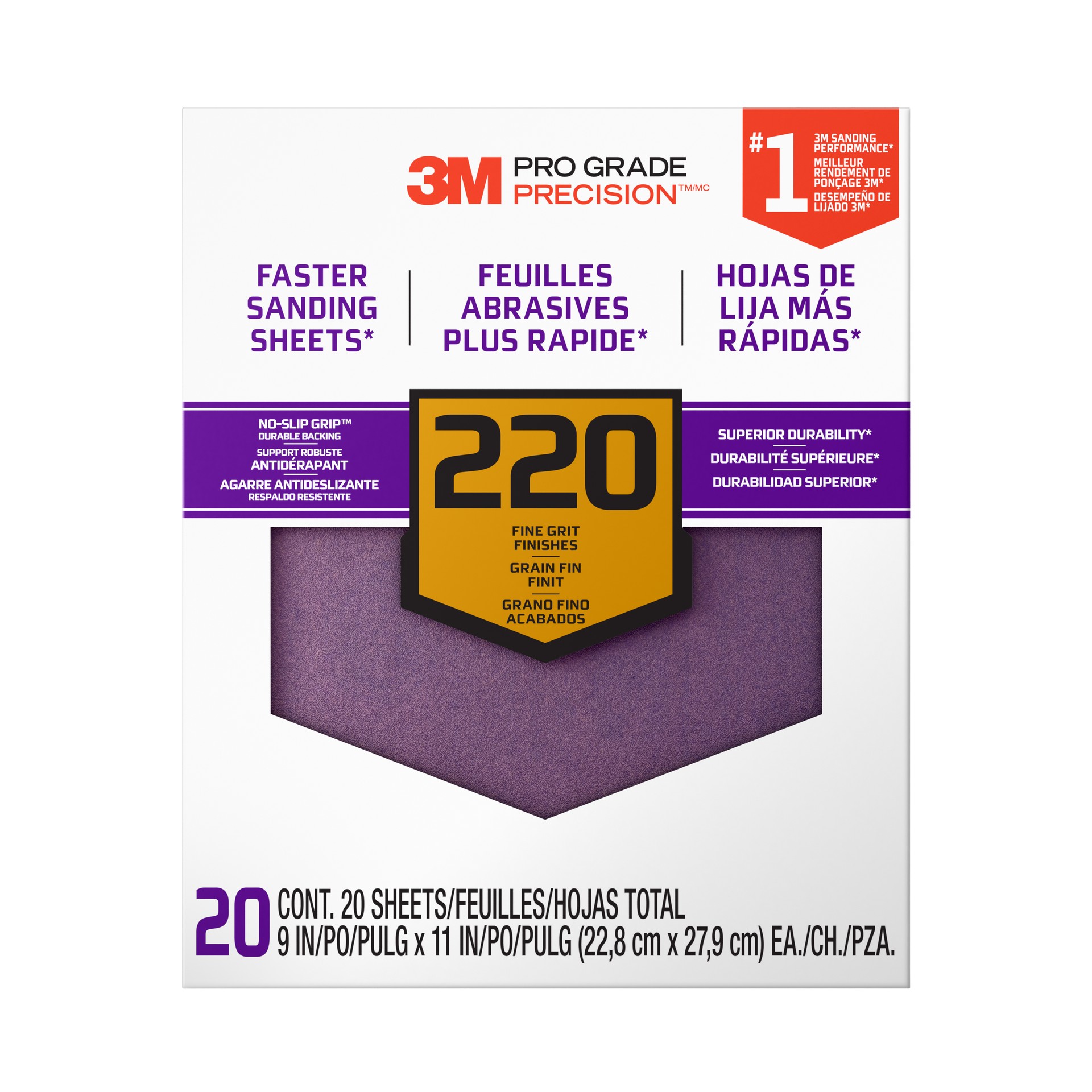 3M Pro Grade Precision™ Faster Sanding Sheets w/ NO-SLIP GRIP™ Backing SHCP220-PGP20T, 9 in x 11 in, 220 Gr, 20 Shts/pk