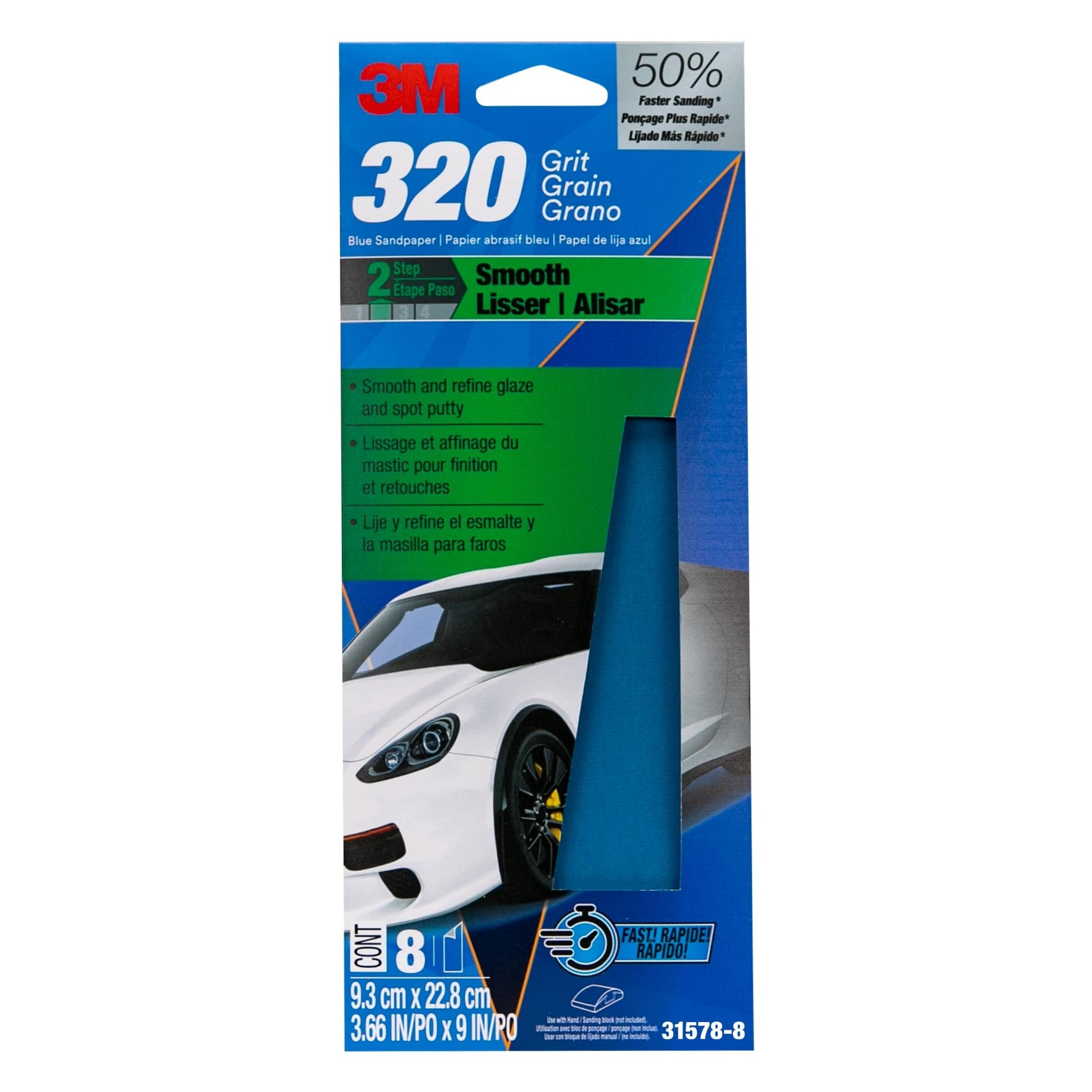 Papier abrasif bleu 3MMC 31578-8, 3 ⅔ po × 9 po, 320 G, 8 feuilles par paquet, 20 paquets par boîte