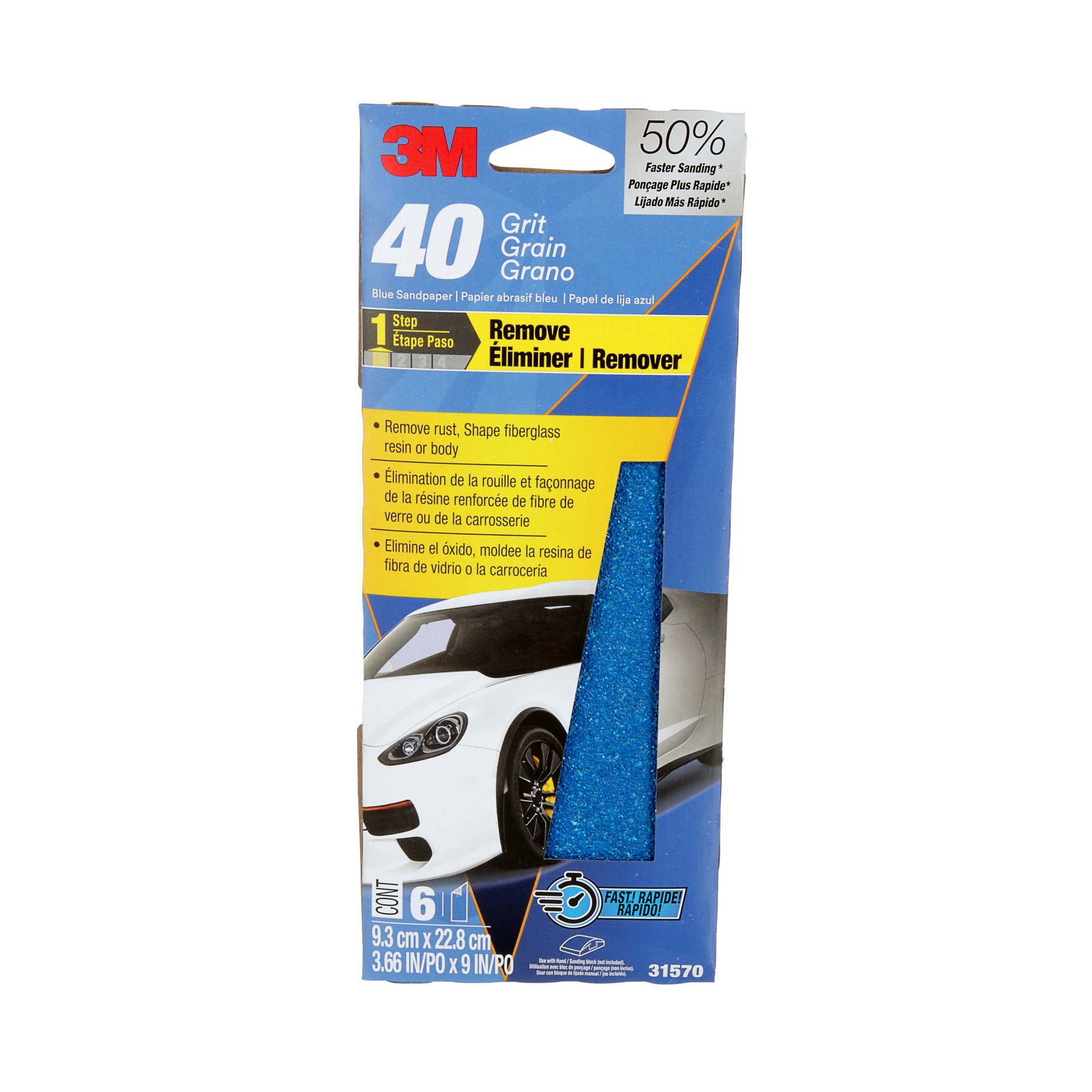 3M Blue Sandpaper 31570-6, 3 2/3 in X 9 in, 40 G, 6 Sheet/Pack, 20 Pack/Case