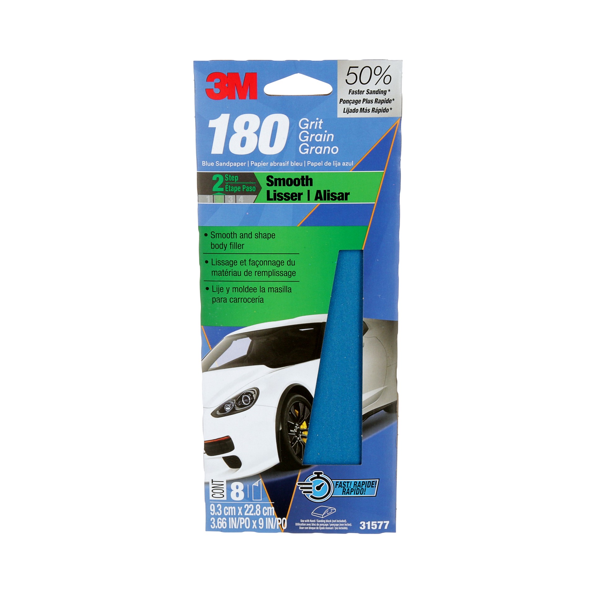 Papier abrasif bleu 3MMC 31577-8, 3 ⅔ po × 9 po, 180 G, 8 feuilles par paquet, 20 paquets par boîte