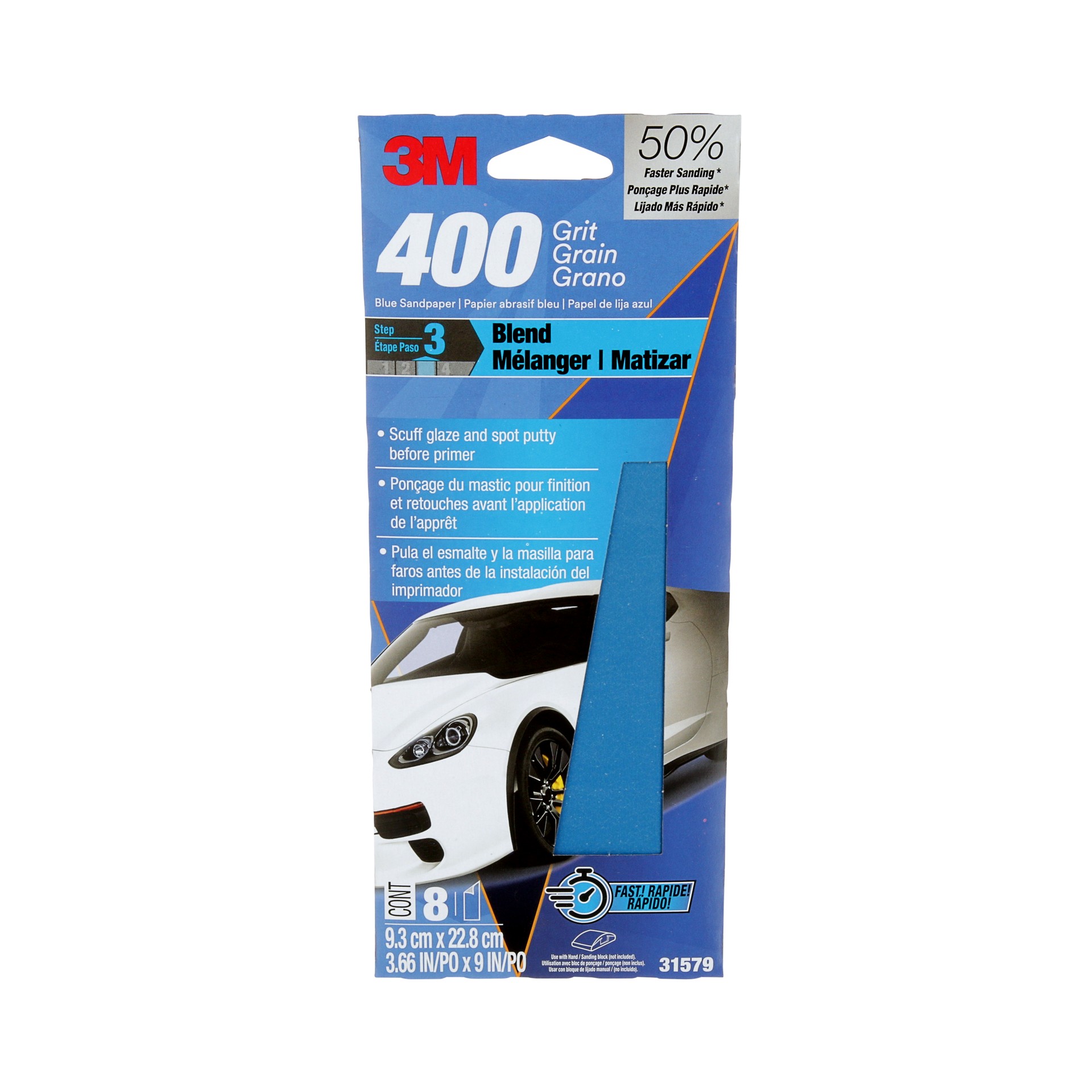 Papier abrasif bleu 3MMC 31579-8, 3 ⅔ po × 9 po, 400 G, 8 feuilles par paquet, 20 paquets par boîte