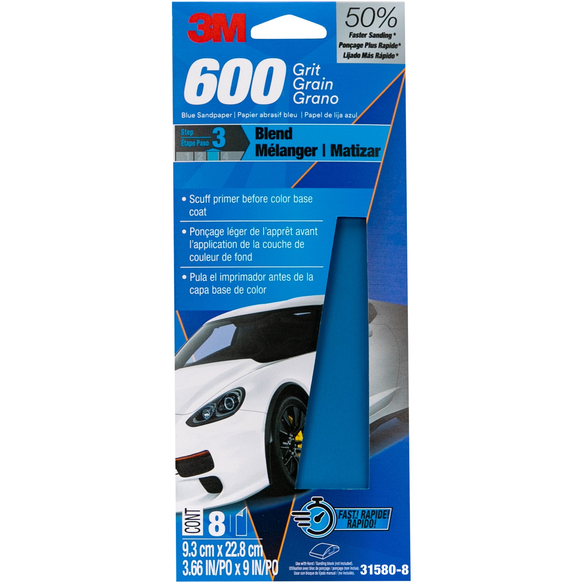 Papier abrasif bleu 3MMC 31580-8, 3 ⅔ po × 9 po, 600 G, 8 feuilles par paquet, 20 paquets par boîte