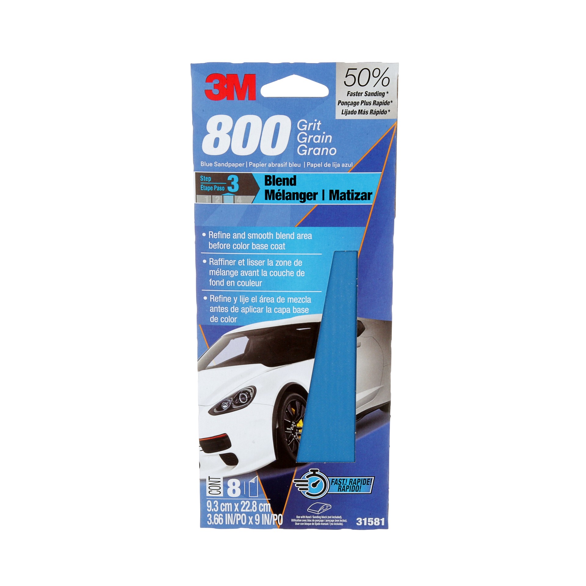 Papier abrasif bleu 3MMC 31581-8, 3 ⅔ po × 9 po, 800 G, 8 feuilles par paquet, 20 paquets par boîte