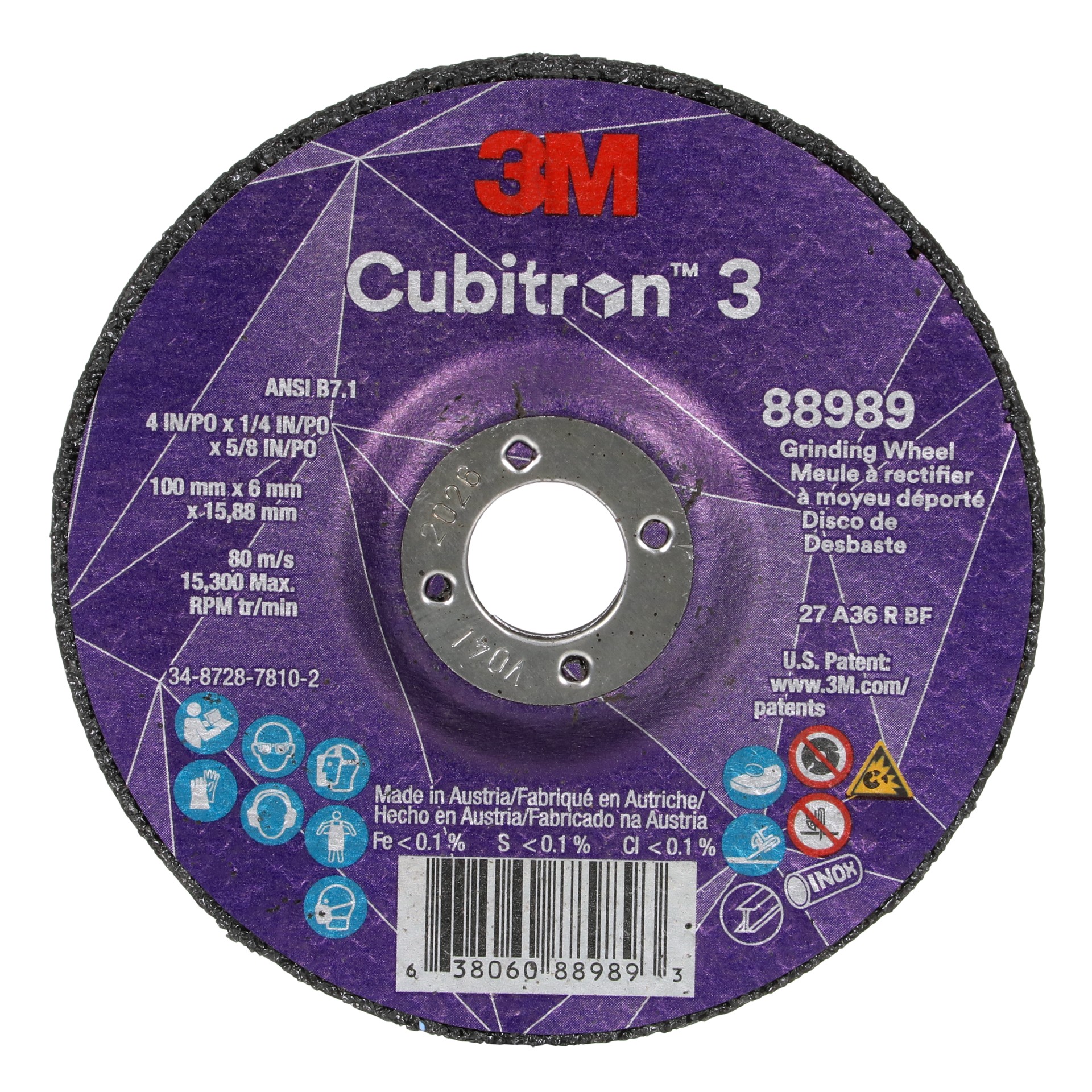 3M Cubitron™ 3 Depressed Center Grinding Wheel, 88989, 36+, T27, 4 in x 1/4 in x 5/8 in (100x6x15.88mm) ANSI, 10/Pack, 20 ea/Case