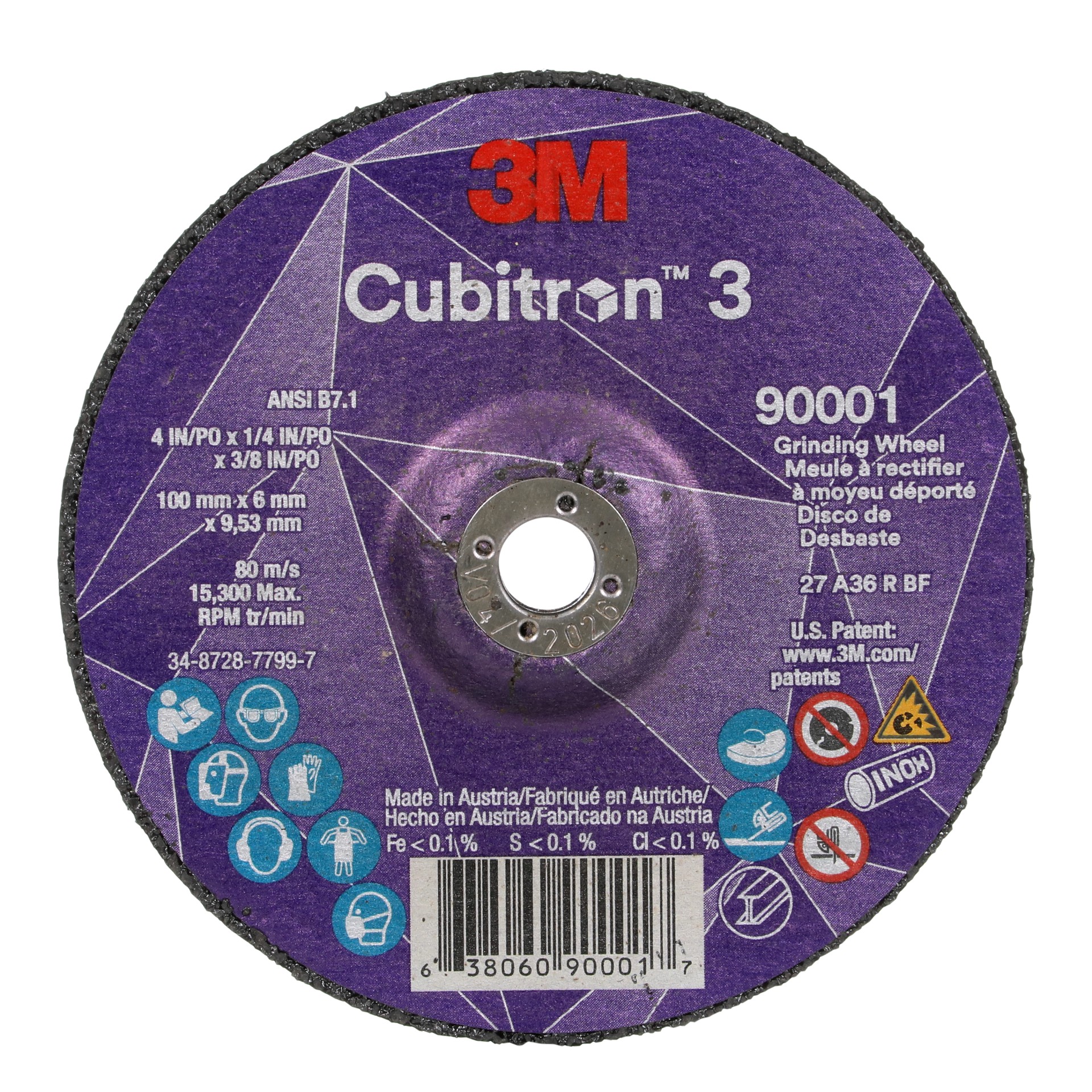 3M Cubitron™ 3 Depressed Center Grinding Wheel, 90001, 36+, T27, 4 in x 1/4 in x 3/8 in (100x6x9.53mm), ANSI, 10/Pack, 20 ea/Case
