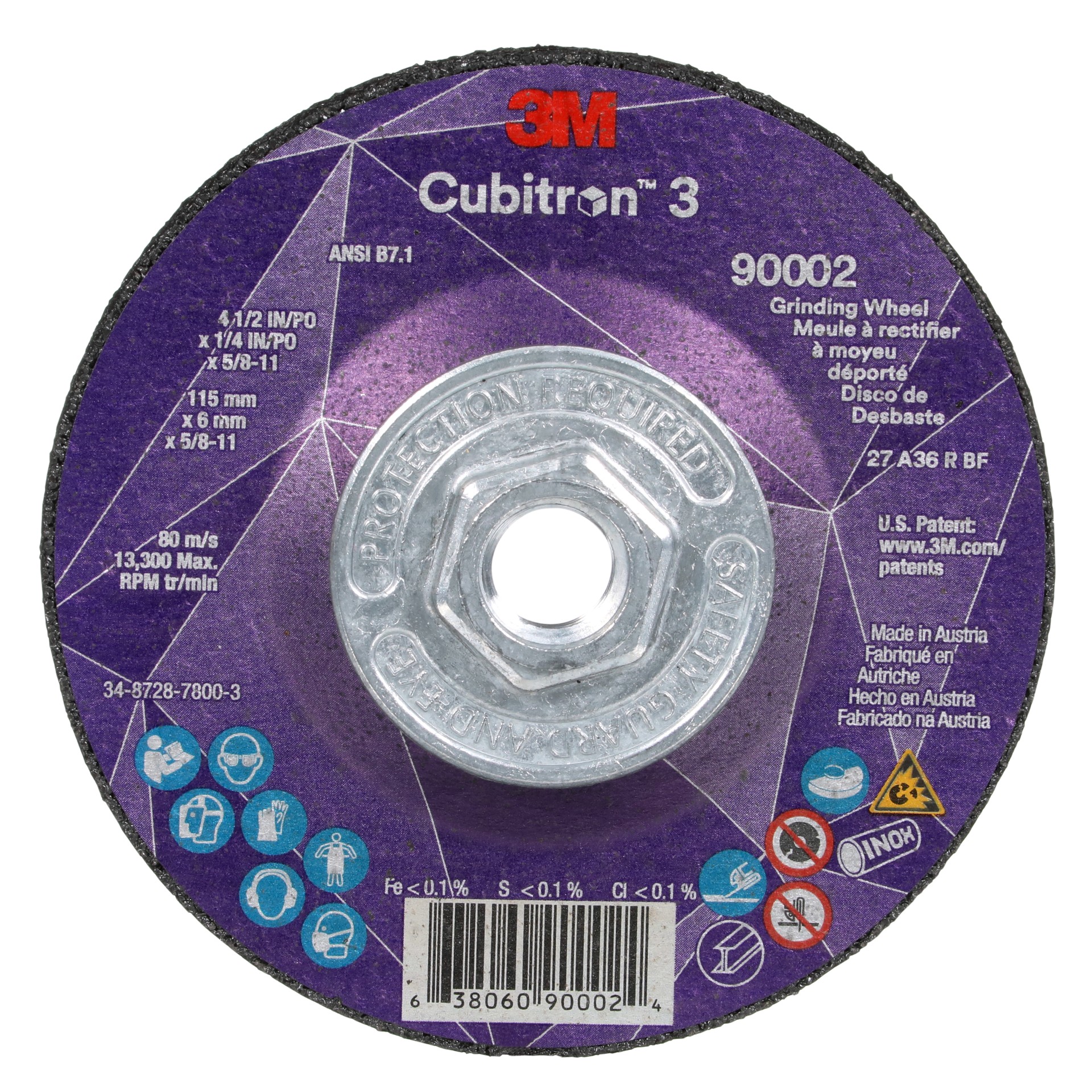 3M Cubitron™ 3 Depressed Center Grinding Wheel, 90002, 36+, T27, 4-1/2 in x 1/4 in x 5/8 in-11(115x6mmx5/8-11in) ANSI, 10 ea/Case