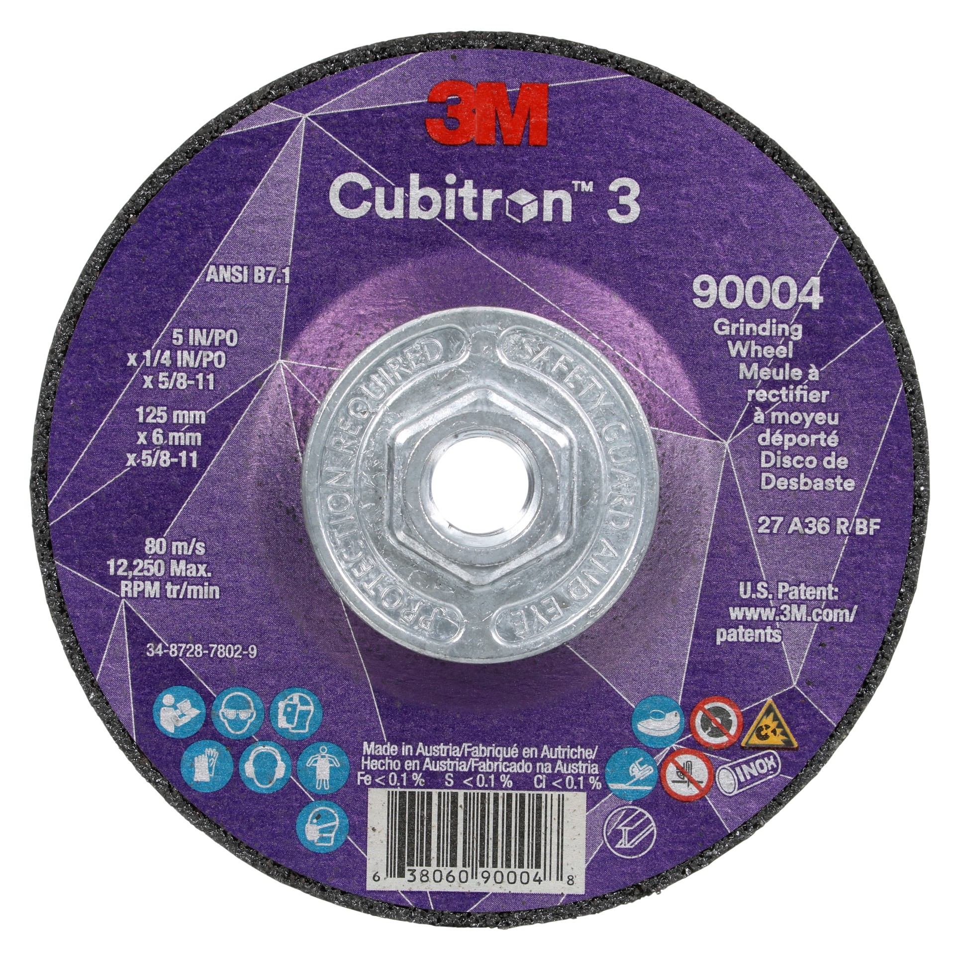 3M Cubitron™ 3 Depressed Center Grinding Wheel, 90004, 36+, T27, 5 in x 1/4 in x 5/8 in-11 (125x6mmx5/8-11in), ANSI, 10 ea/Case
