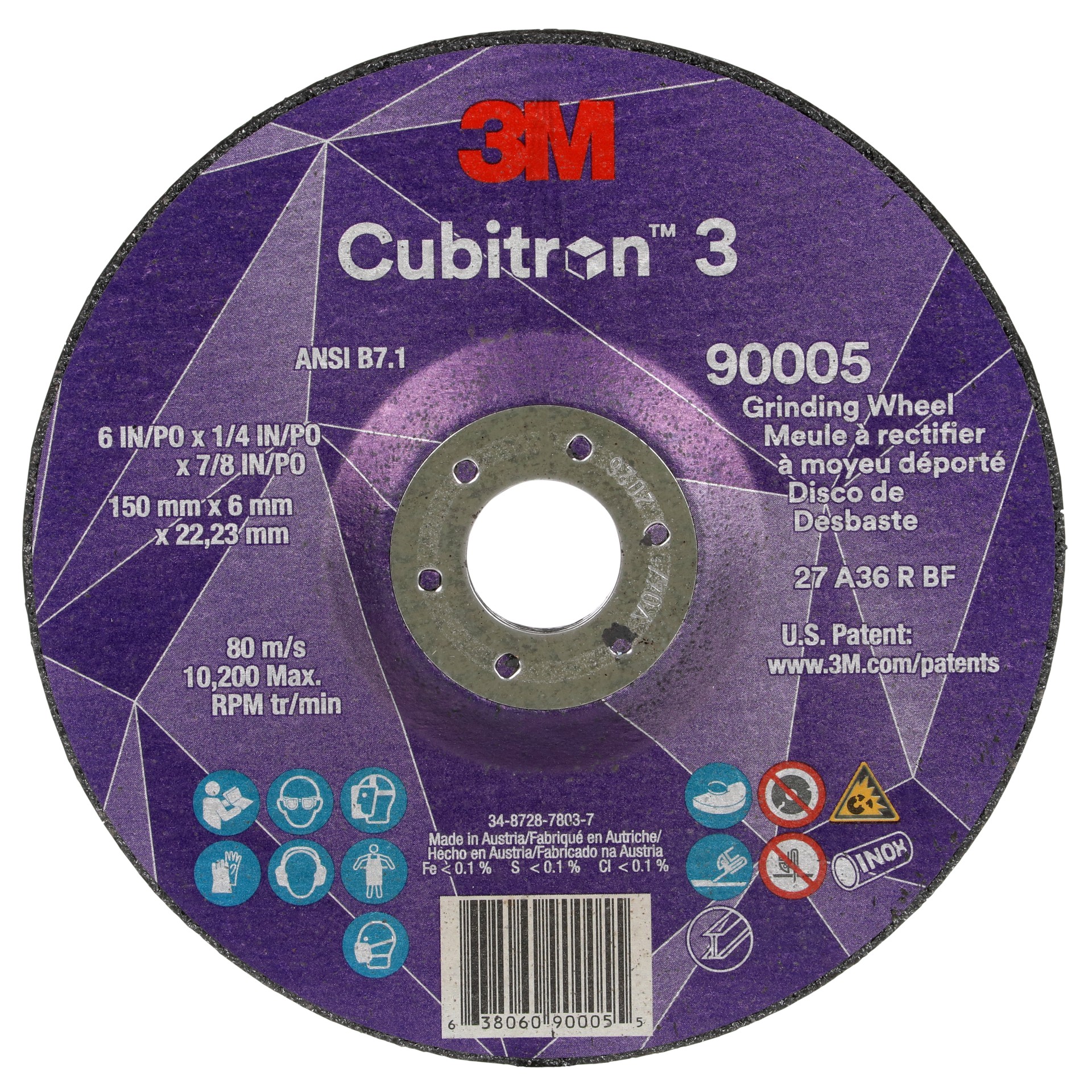 Meule à rectifier à moyeu déporté Cubitron(MC) 3 3M(MC), 90005, 36+, T27, 150 mm x 6 mm x 22,23 mm (6 po x 1/4 po x 7/8 po), ANSI, 10/paquet, 20 unités/caisse