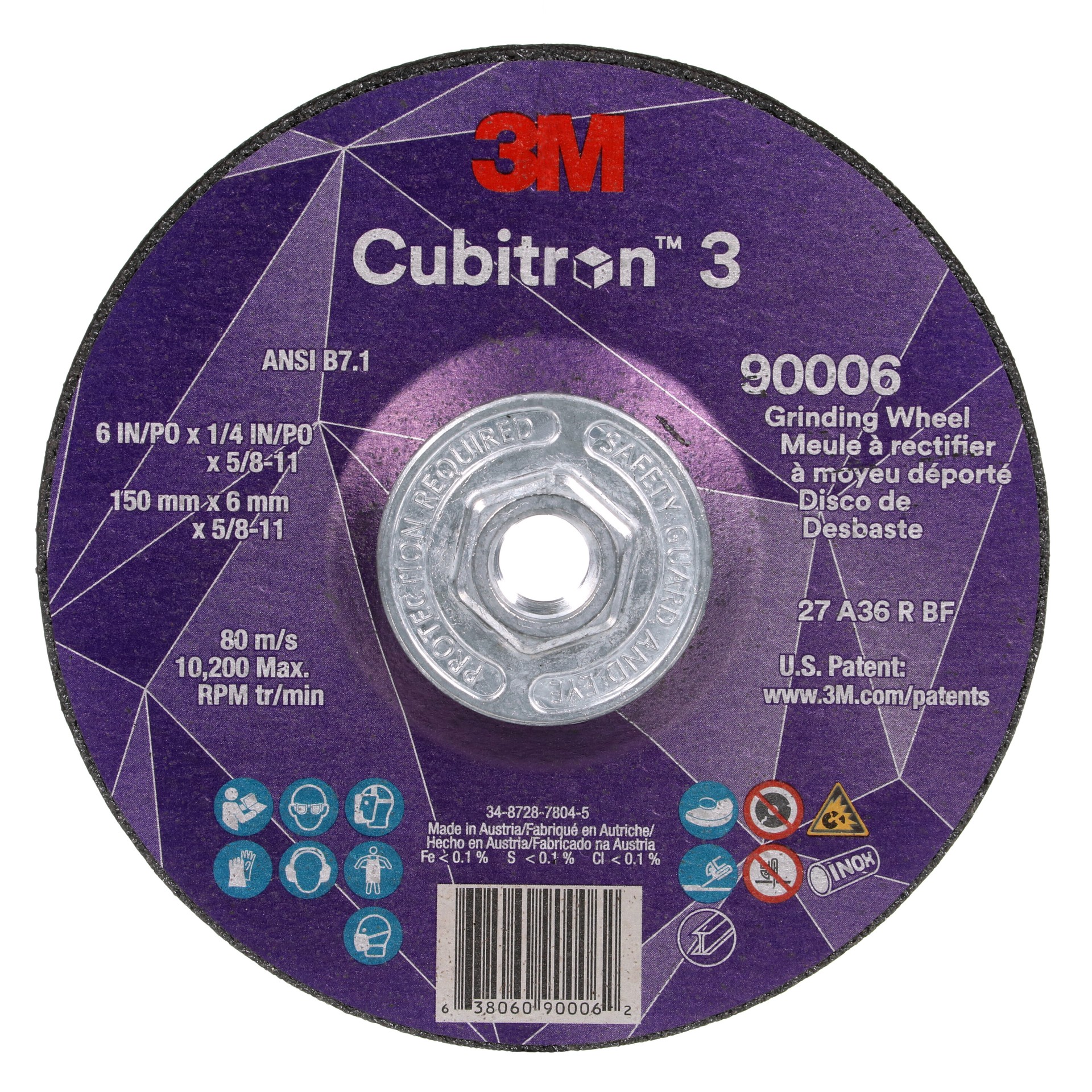 3M Cubitron™ 3 Depressed Center Grinding Wheel, 90006, 36+, T27, 6 in x 1/4 in x 5/8 in-11 (150x6mmx5/8-11in), ANSI, 10 ea/Case