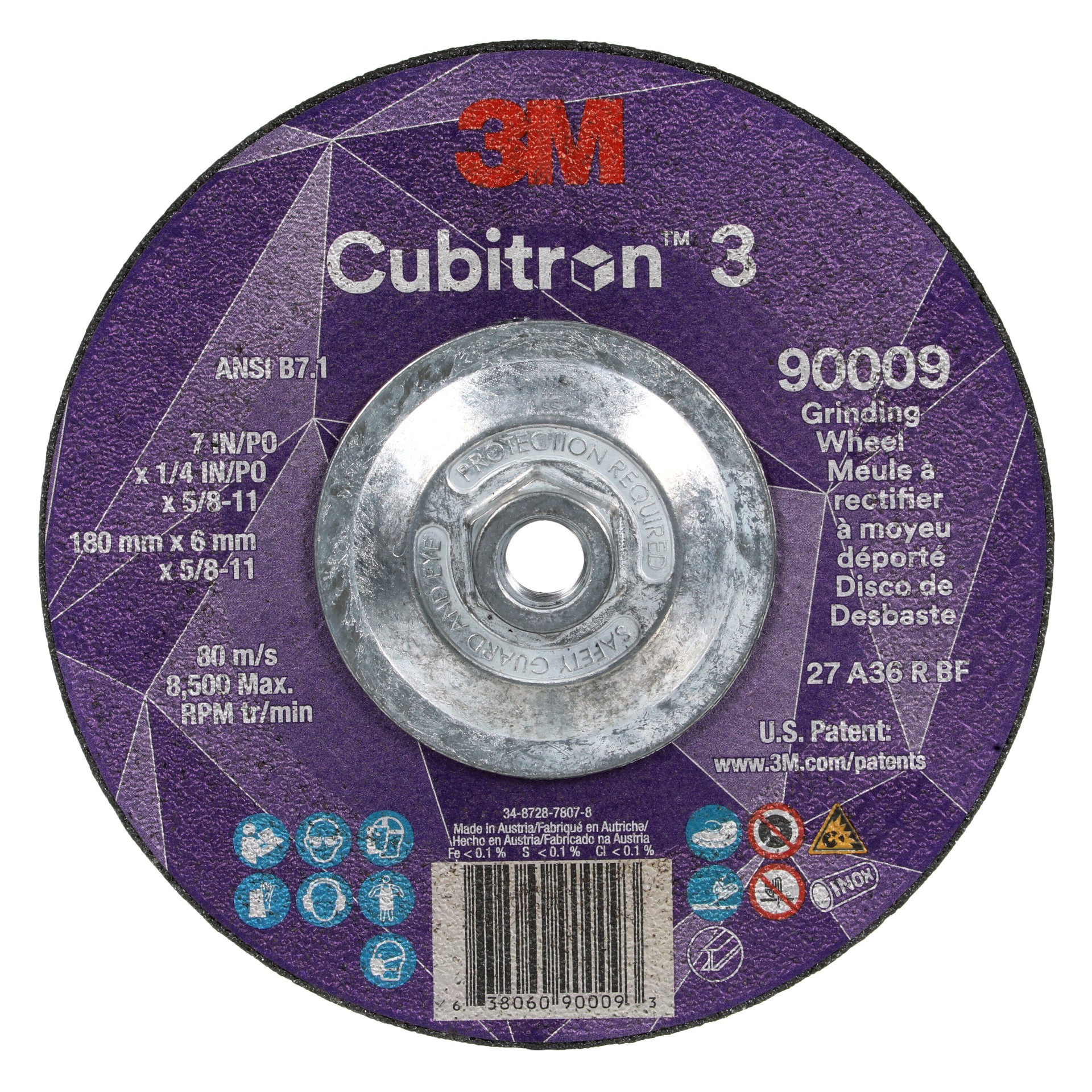 3M Cubitron™ 3 Depressed Center Grinding Wheel, 90009, 36+, T27, 7 in x 1/4 in x 5/8 in-11 (180x6mmx5/8-11in), ANSI, 10 ea/Case