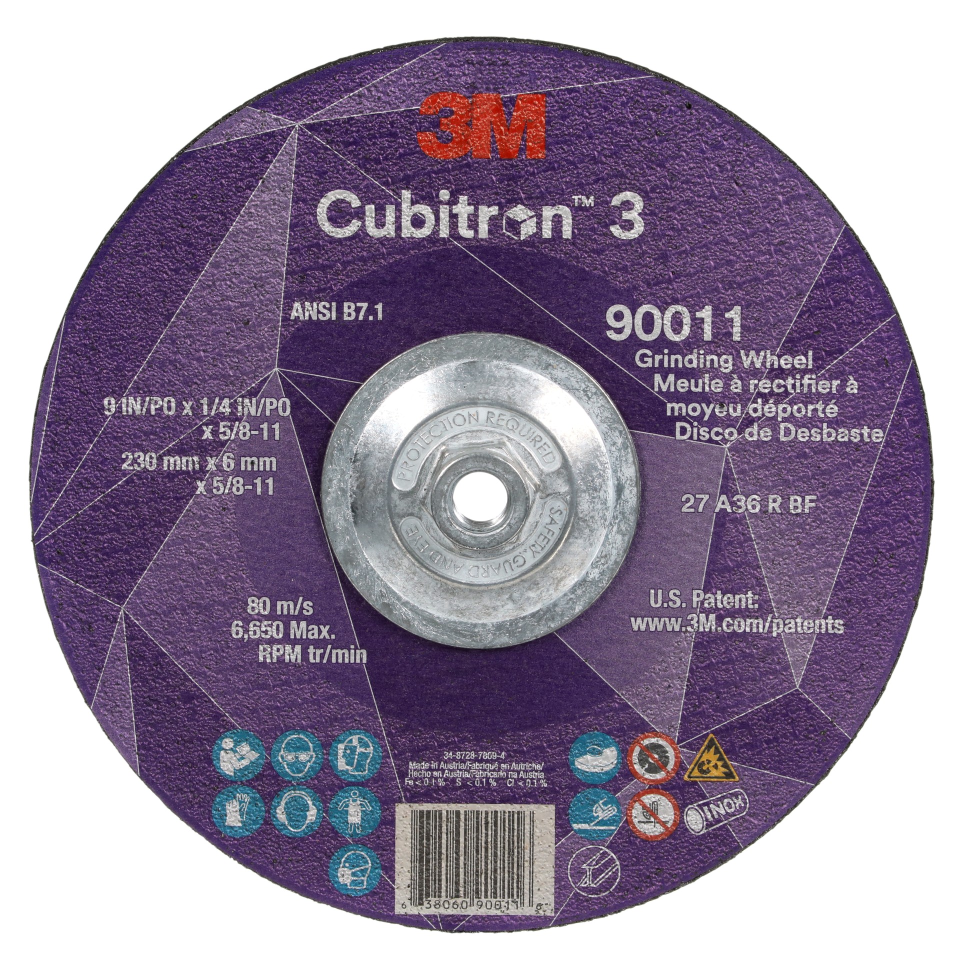 3M Cubitron™ 3 Depressed Center Grinding Wheel, 90011, 36+, T27, 9 in x 1/4 in x 5/8 in-11 (230x6mmx5/8-11in), ANSI, 10 ea/Case