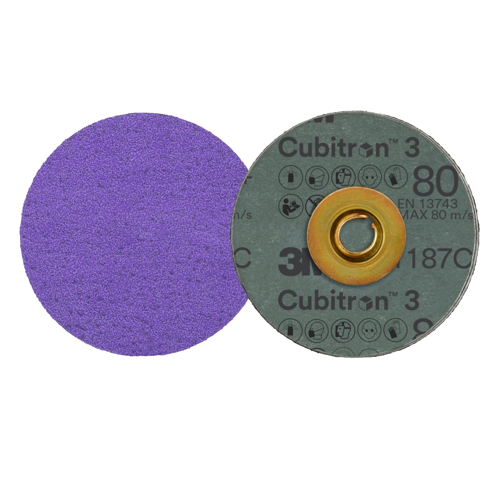 3M Cubitron™ 3 Roloc™ Fibre Disc 1187C, 80+, TSM, Purple, 3 in (76.2 mm), Die RS300VM, 50/Carton, 200 ea/Case