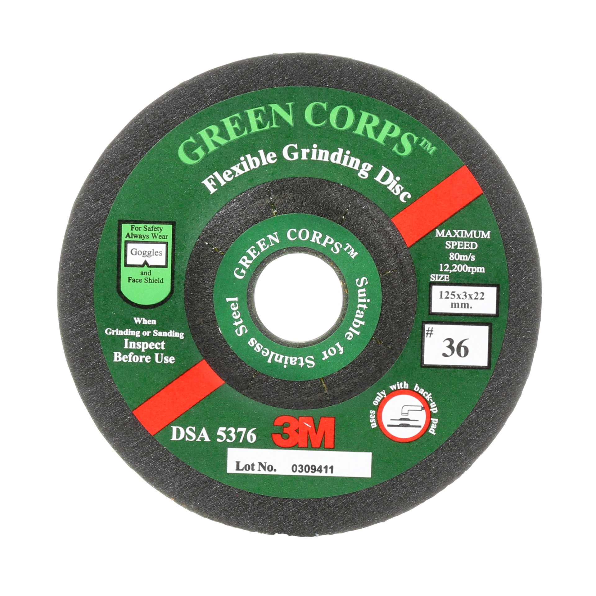 Meule souple Green Corps(MC) 3M(MC), catégorie ;36, 5 po x 1/8 po x 7/8 po