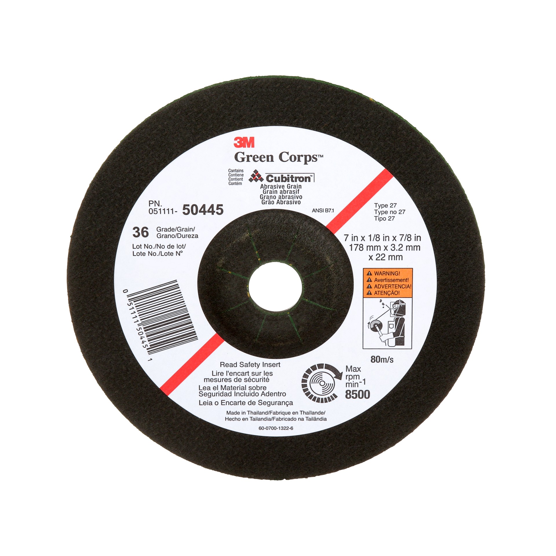 Meule flexible ;Green Corps(MC) de 3M(MC), 7 po x 1/8 po x 7/8 po, grade ;36