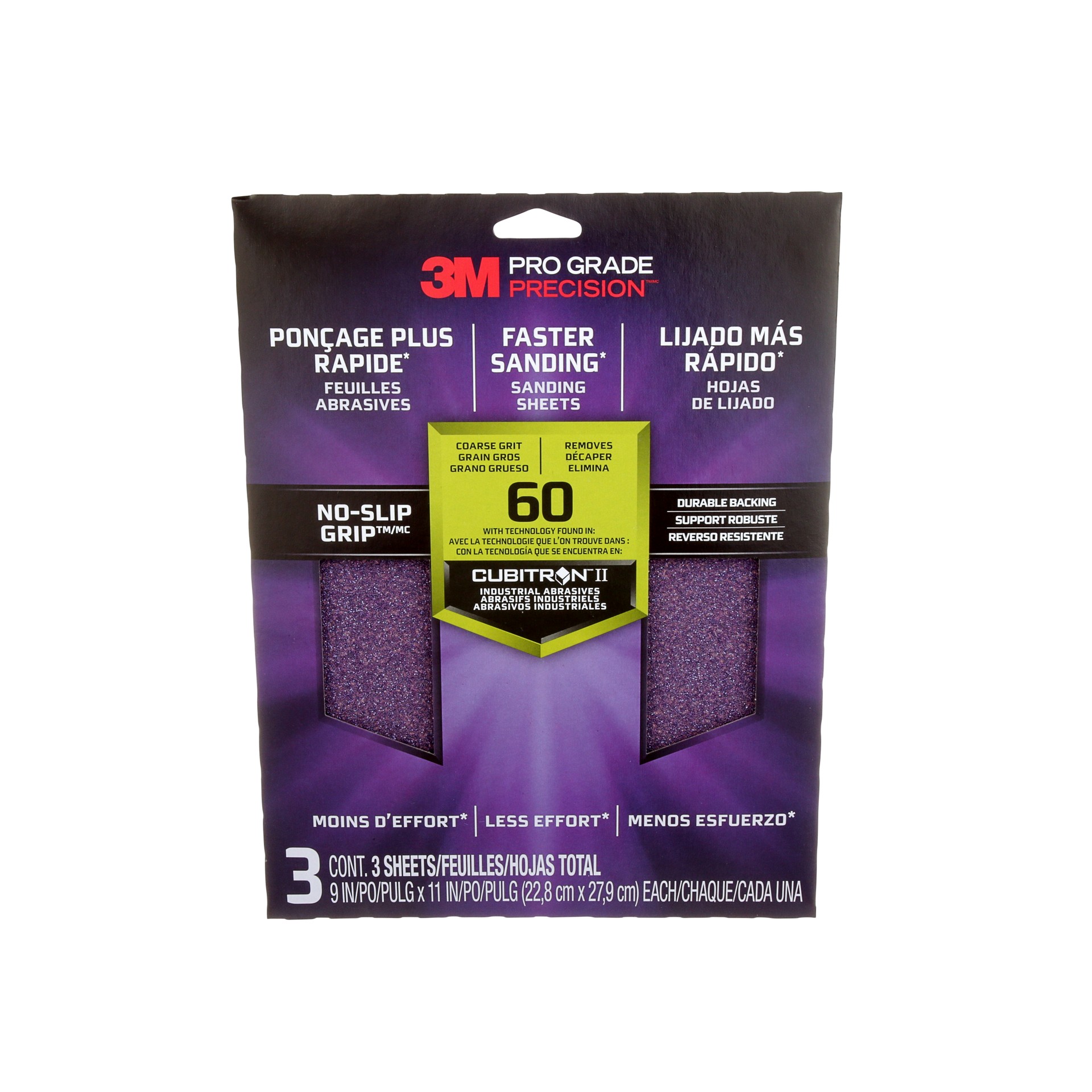 3M Pro Grade Precision™ Faster Sanding Sanding Sheets 26060TRI-3, with NO-SLIP GRIP, 60 Grit, Coarse, 9 in x 11 in, 3/Pack