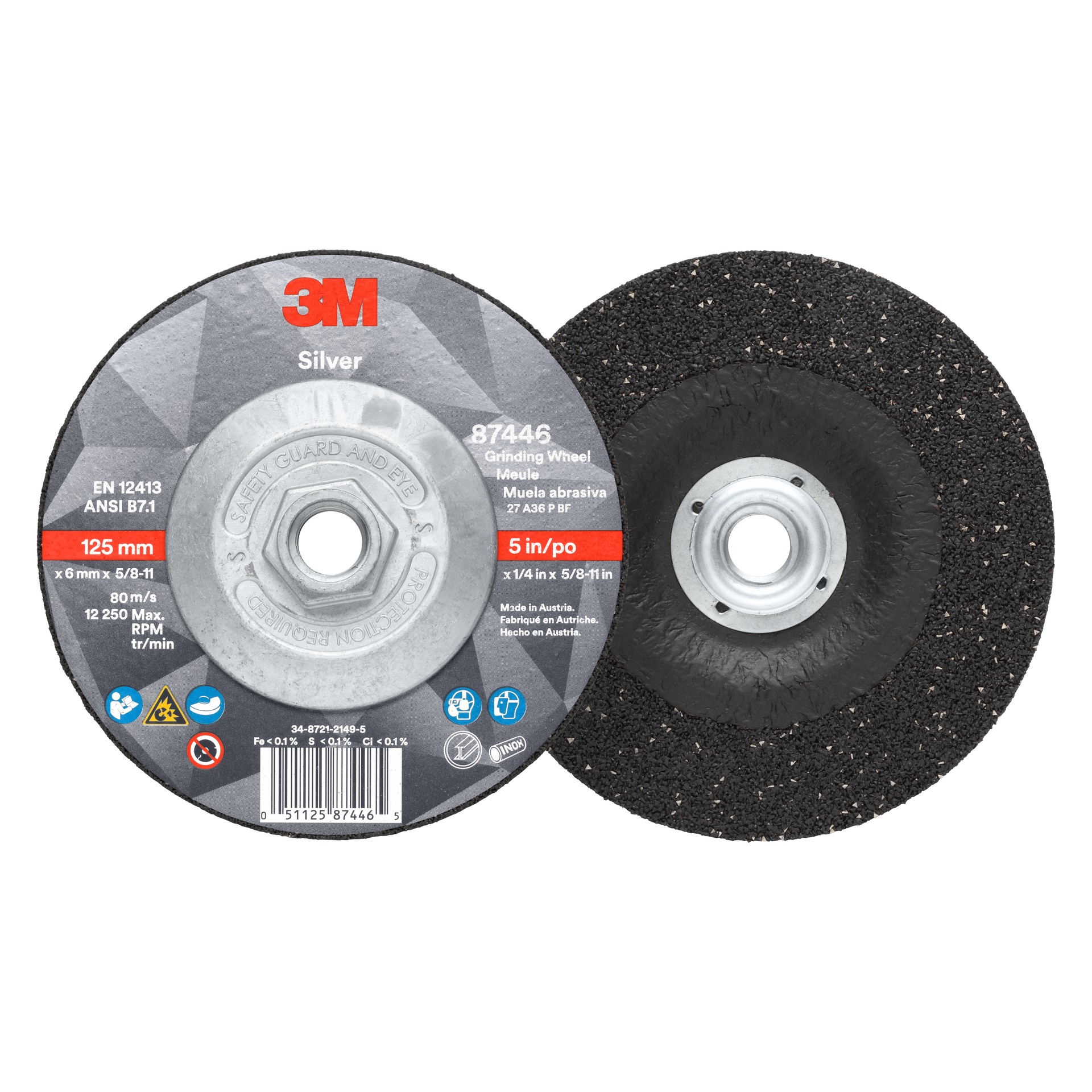 3M Silver Depressed Center Grinding Wheel, 87446, T27 Quick Change, 5 in x 1/4 in x 5/8 in-11 (127mmx 6.35mm), 10/Inner, 20/Case