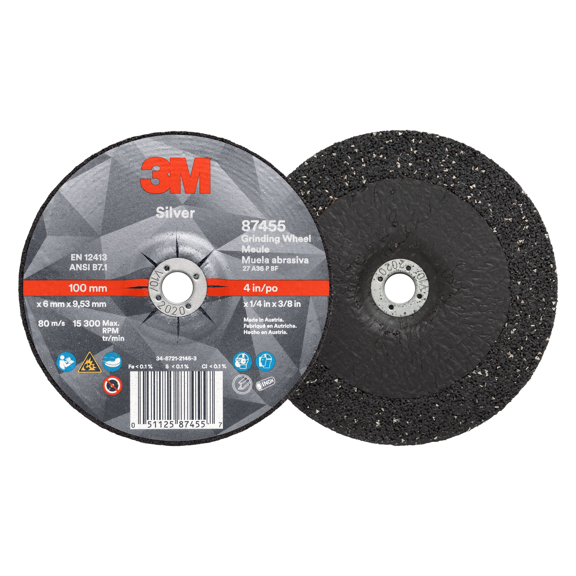 3M Silver Depressed Center Grinding Wheel, 87455, T27, 4 in x 1/4 in x 3/8 in (101.6 mm x 6.35 mm x 9.53 mm)