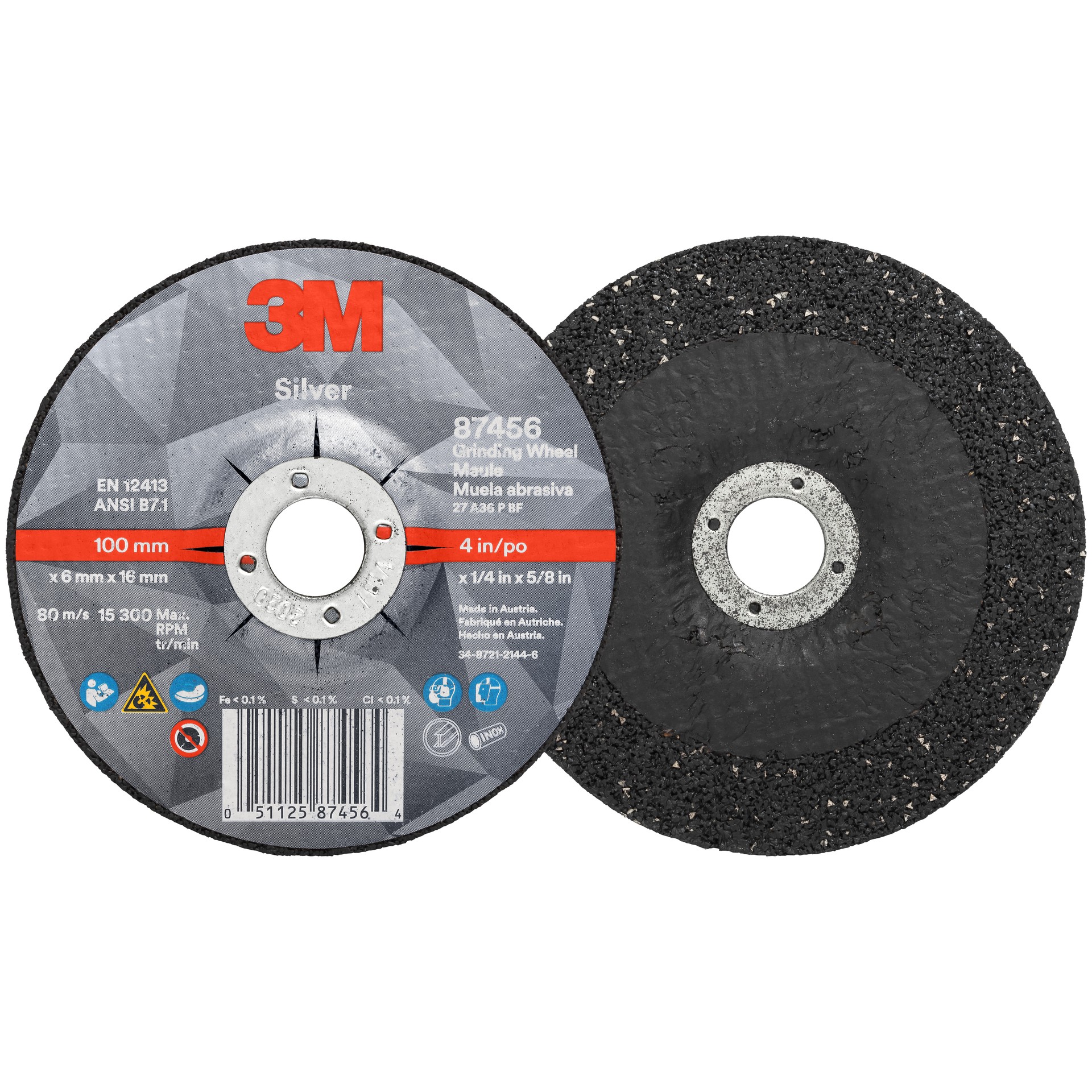 3M Silver Depressed Center Grinding Wheel, 87456, T27, 4 in x 1/4 in x 5/8 in-11 (101.6 mm x 6.35 mm x 5/8 in-11)