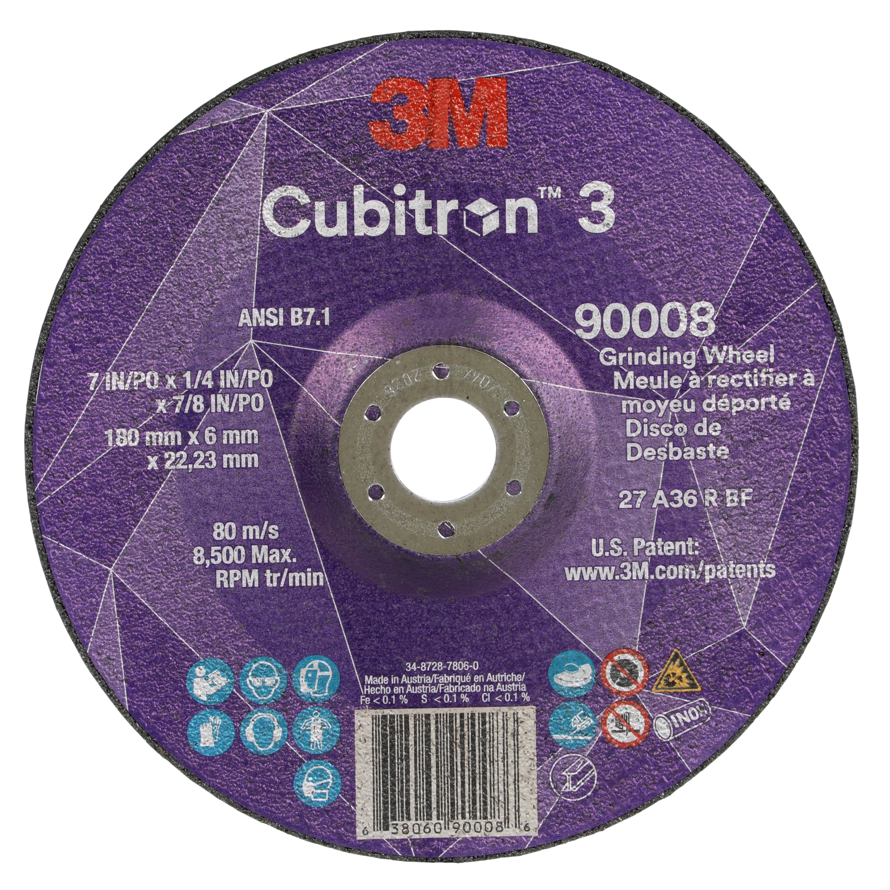 Meule à rectifier à moyeu déporté Cubitron(MC) 3 3M(MC), 90008, 36+, T27, 180 mm x 6 mm x 22,23 mm (7 po x 1/4 po x 7/8 po), ANSI, 10/paquet, 20 unités/caisse