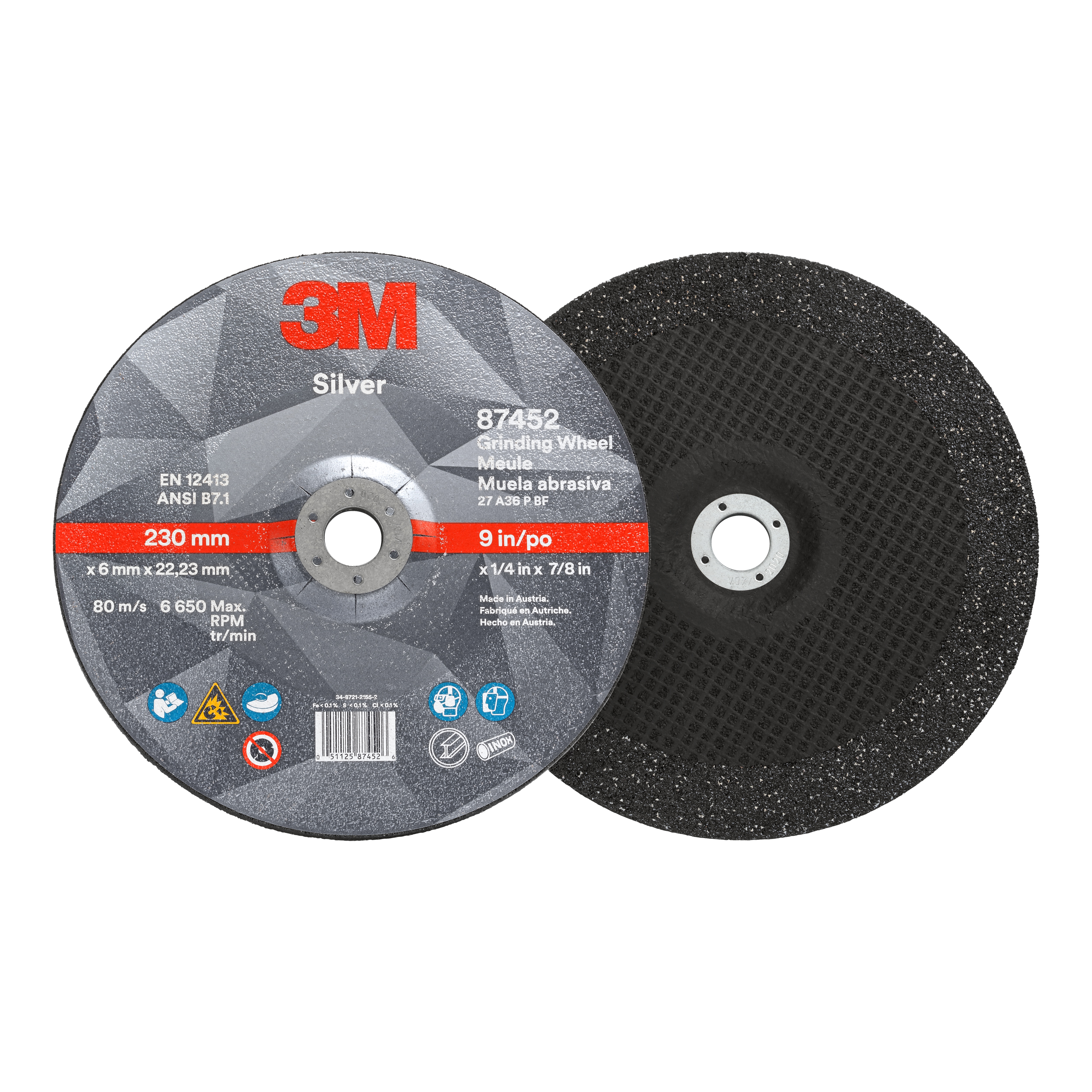 Meule à rectifier à moyeu déporté Argent 3M(MC), 87452, T27, noire, 228,6 x 6,35 x 22,23 mm (9 x 1/4 x 7/8 po)