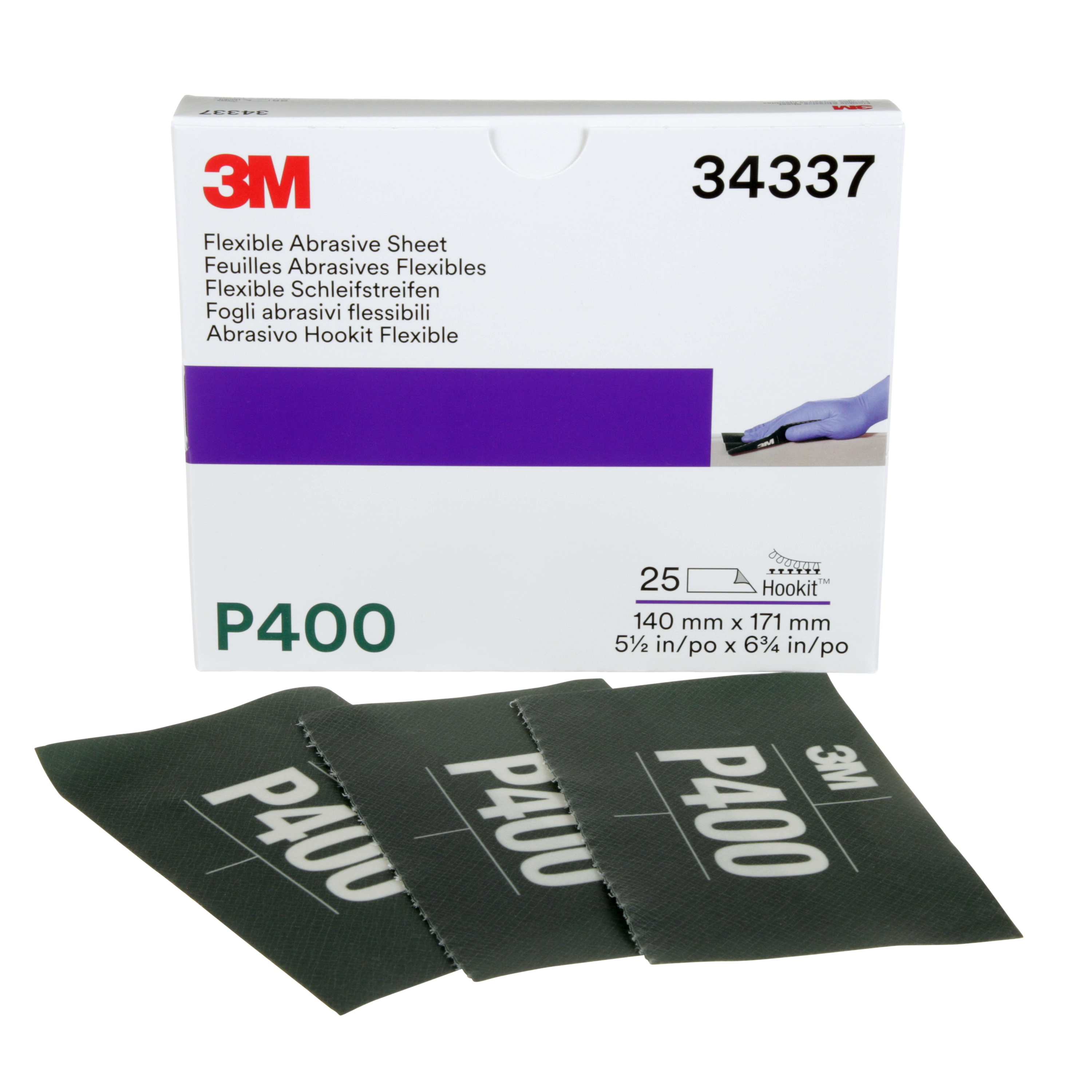 3M Hookit™ Flexible Abrasive Hand Sheet 270J, 34337, 5.5 in x 6.8 in (13.97 cm x 17.2 cm), P400, 25 Sheets/Box