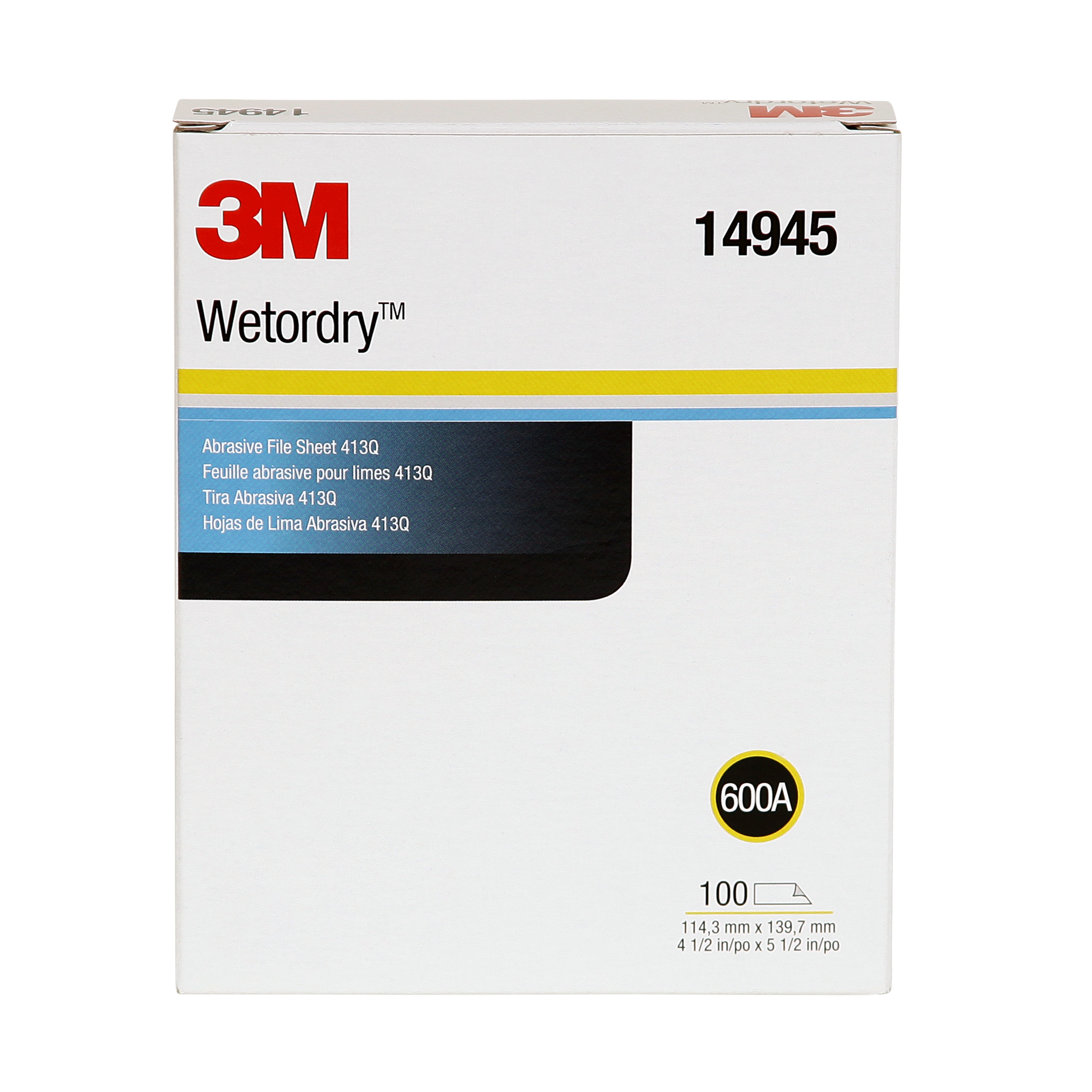 3M Wetordry™ Abrasive Sheet 413Q, 14945, 600, 4 1/2 in x 5 1/2 in, 100 Sheets/Carton, 10 Cartons/Case