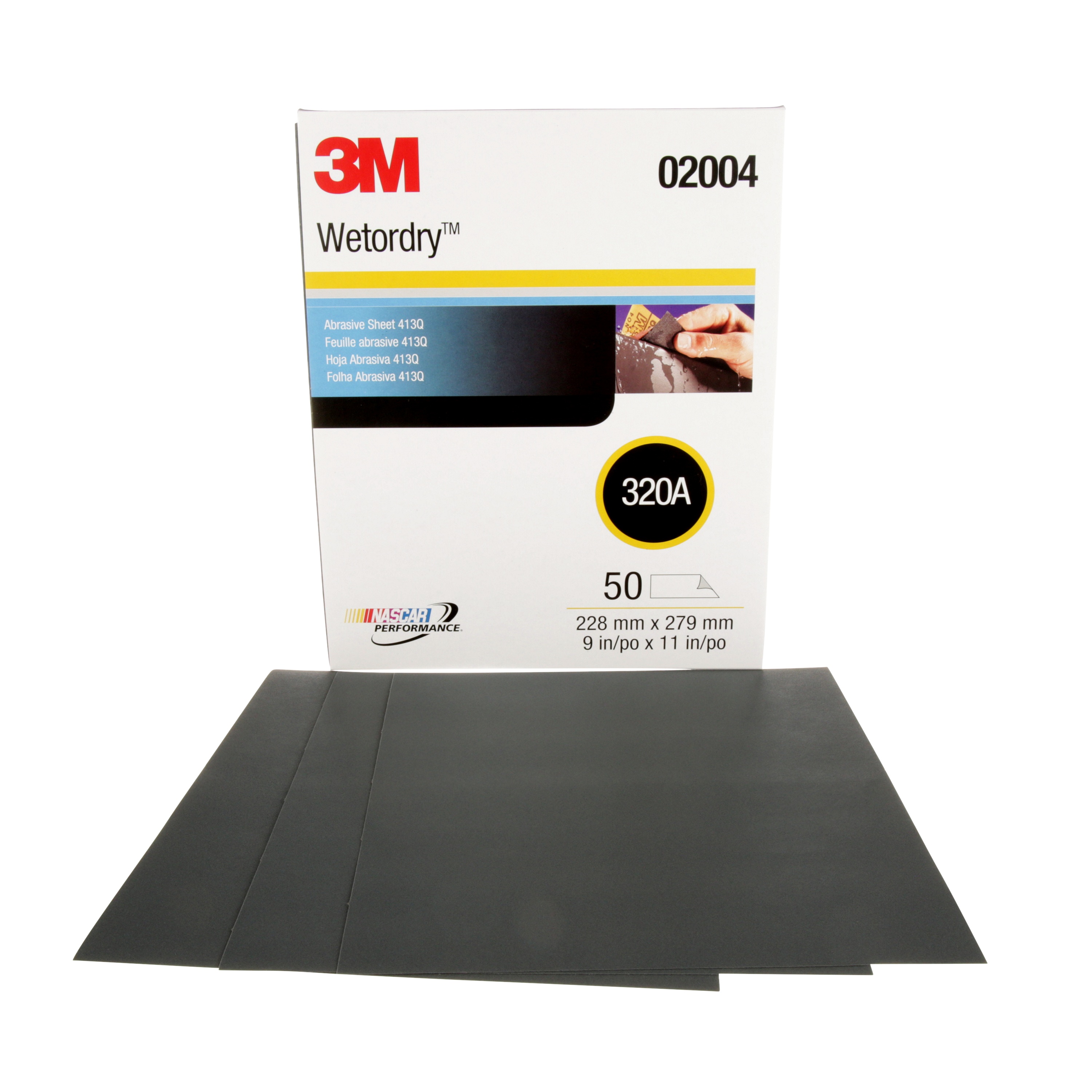 Feuille abrasive Wetordry(MC) 3M(MC), 413Q, 02004, grain 320, poids A, 22,86 x 27,94 cm (9 x 11 po), 50 feuilles/boîte