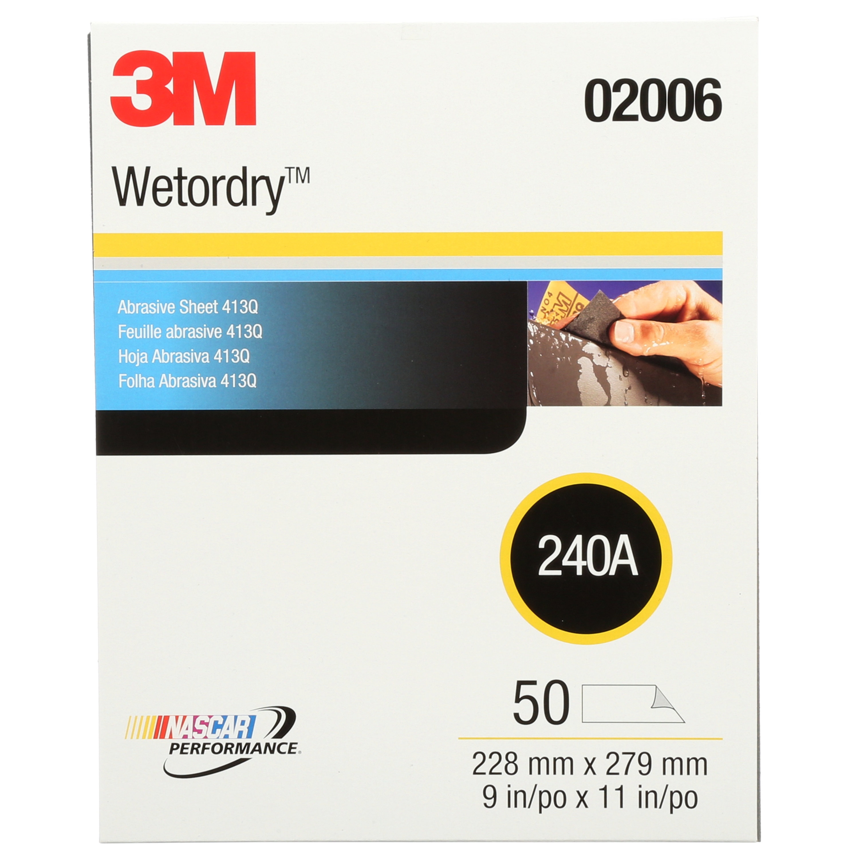 Feuille abrasive Tri-M-ite(MC) Wetordry(MC) 3M(MC), 413Q, 02006, grain 240, poids A, 22,86 x 27,94 cm (9 x 11 po), 50/étui