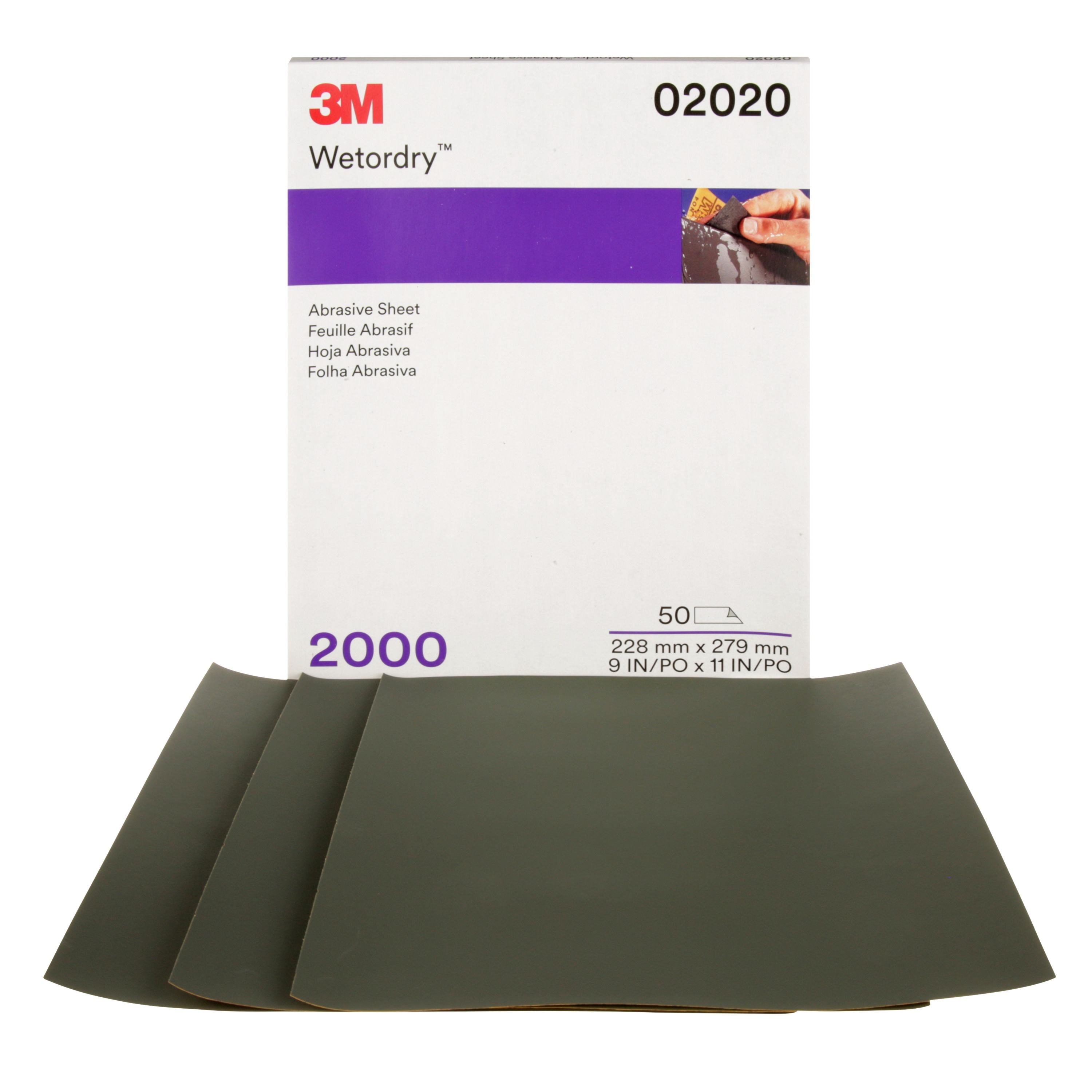 3M Wetordry™ Abrasive Sheet 401Q, 02020, 2000A, 9 in X 11 in, (22.86 cm x 27.94 cm), 50 Sheets/Carton, 5 Cartons/Case