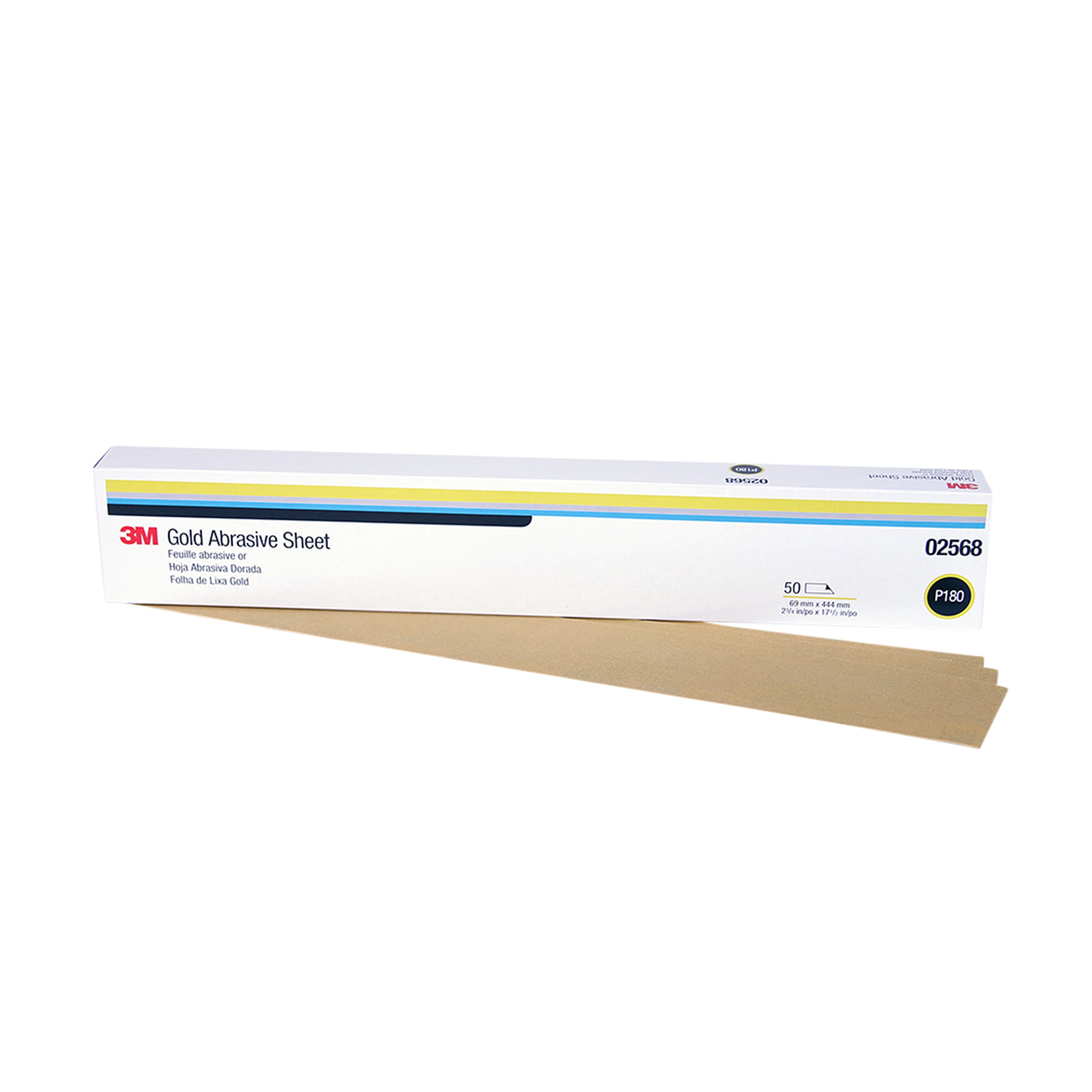 3M Gold Abrasive Sheet 216U, 02568, P180, 2 3/4 in x 17 1/2 in (6.9 cm x 43.18 cm), 50 Sheets/Pack, 5 packs/Case