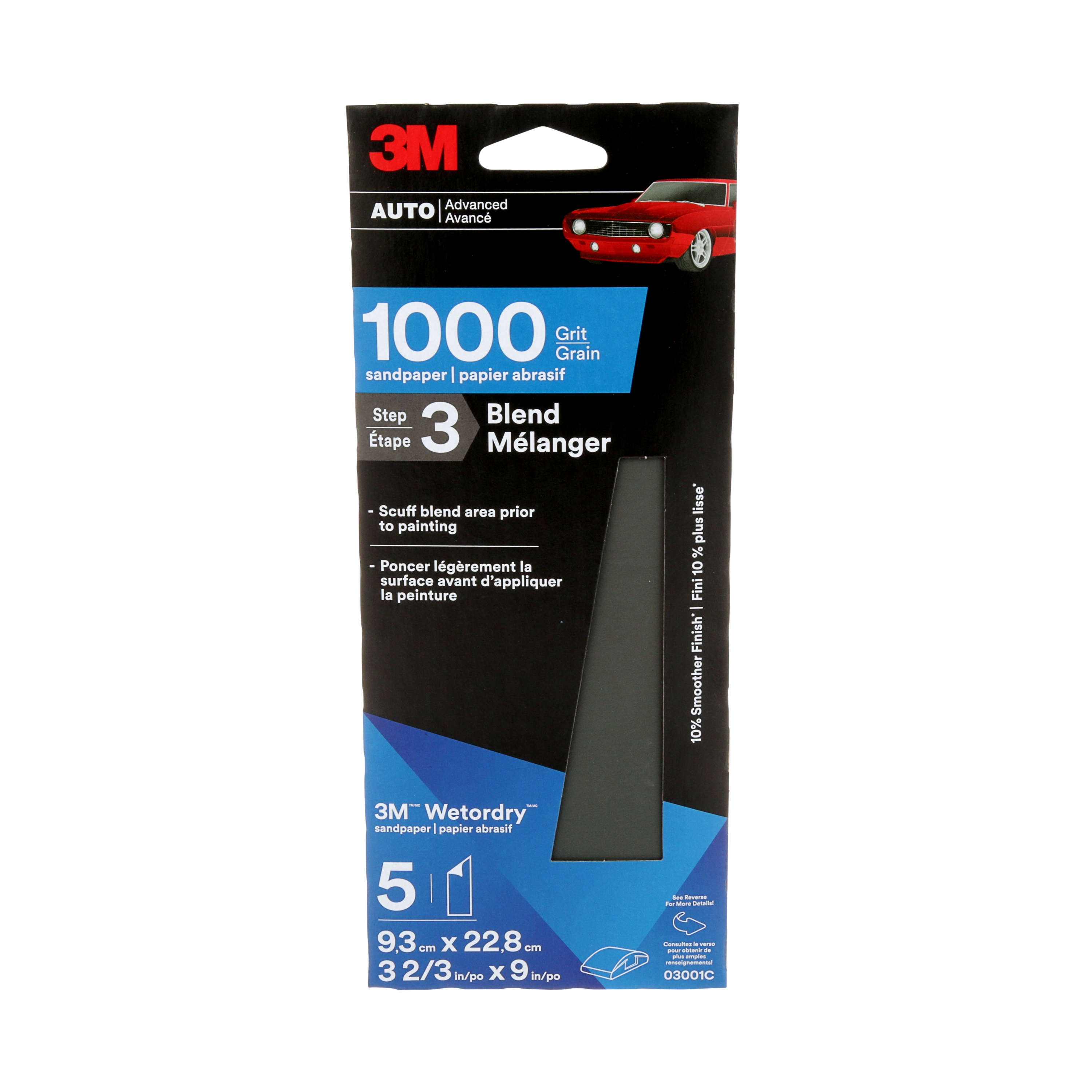 Papier abrasif WetordryMC 3MMC 03001, 3-⅔ po × 9 po, grain 1000, 5 par paquet, 20 paquets par boîte