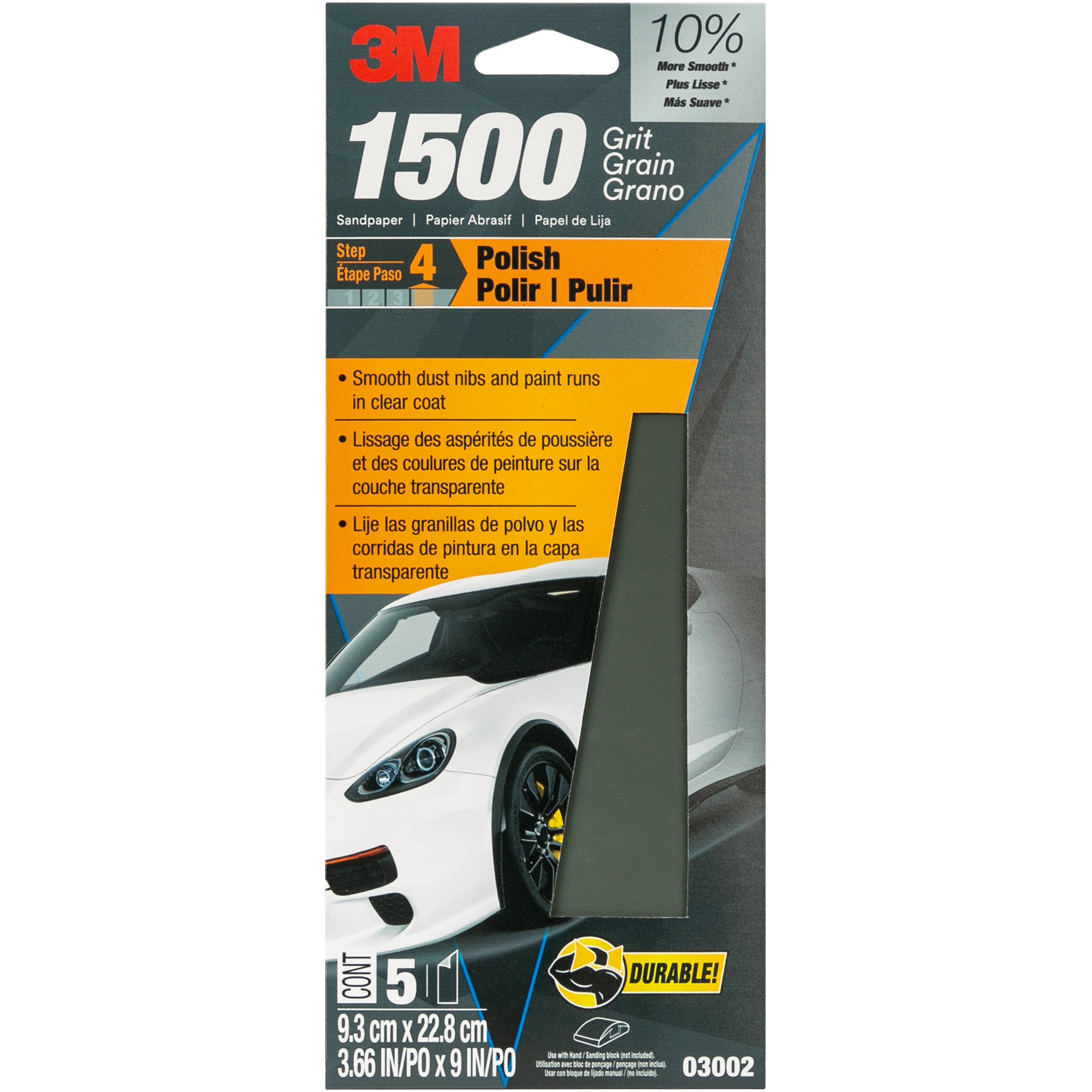 Papier abrasif WetordryMC 3MMC 03002, 3-⅔ po × 9 po, grain 1500, 5 par paquet, 20 paquets par boîte