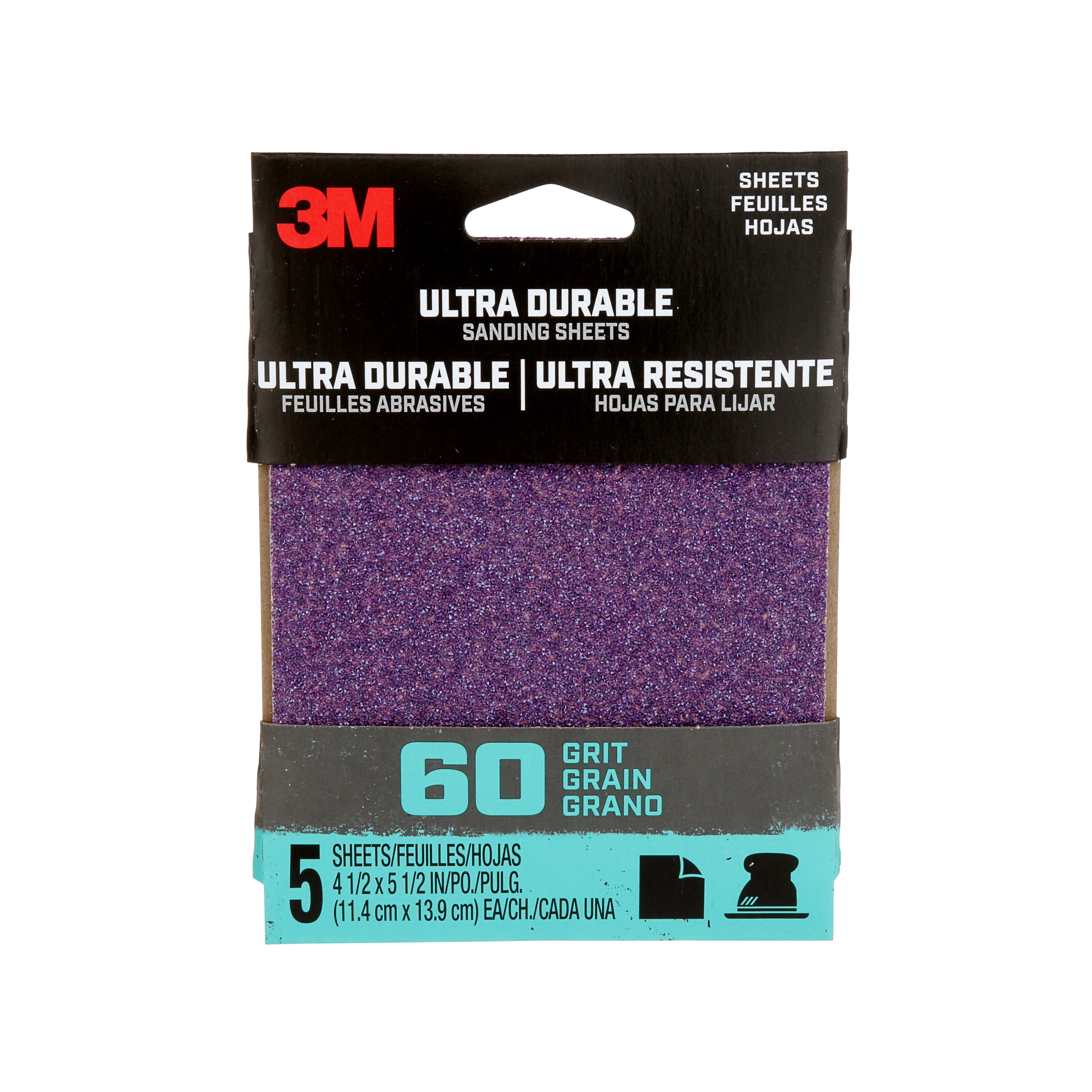 3M Ultra Durable Power Ponçage 1/4 Sheet, 60 Grain, 1/4Sht5pk60, 5/Pack