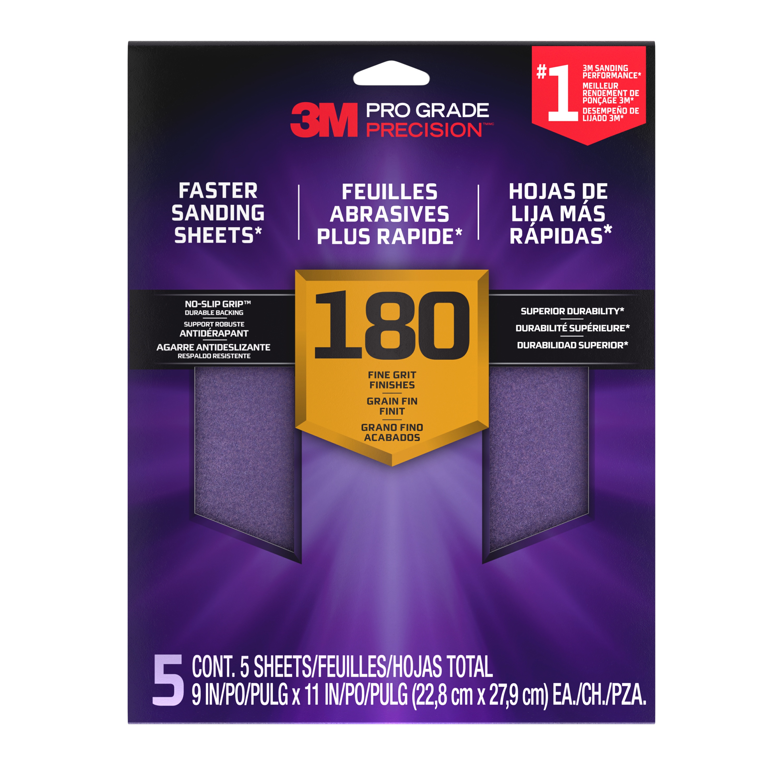 3M Pro Grade Precision™ Faster Sanding Sheets w/ NO-SLIP GRIP™ Backing 26180PGP-5I, 9 in x 11 in, 180 Grit, 5 Shts/Pk