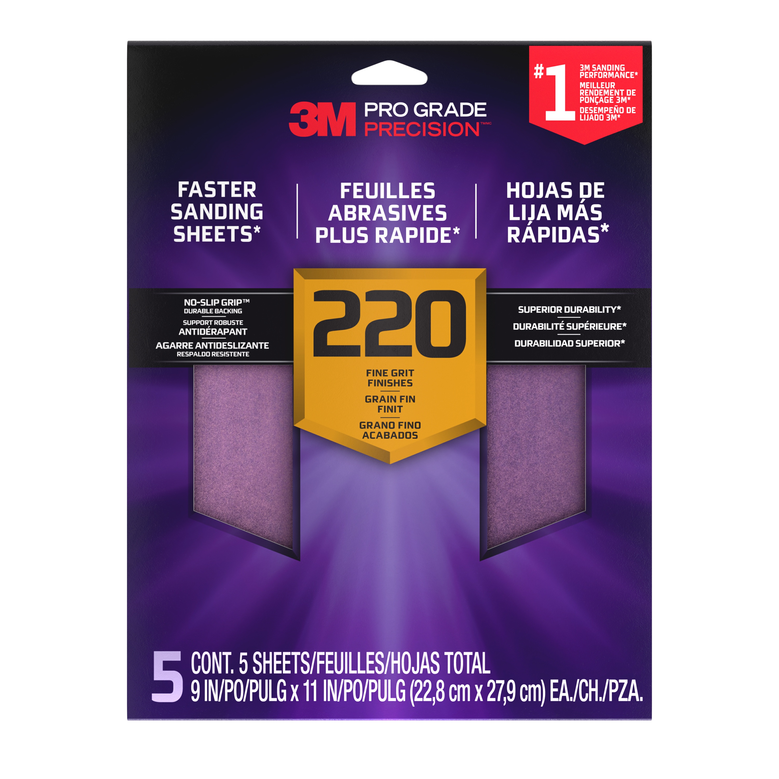 3M Pro Grade Precision™ Faster Sanding Sheets w/ NO-SLIP GRIP™ Backing 26220PGP-5I, 9 in x 11 in, 220 Grit, 5 Shts/Pk