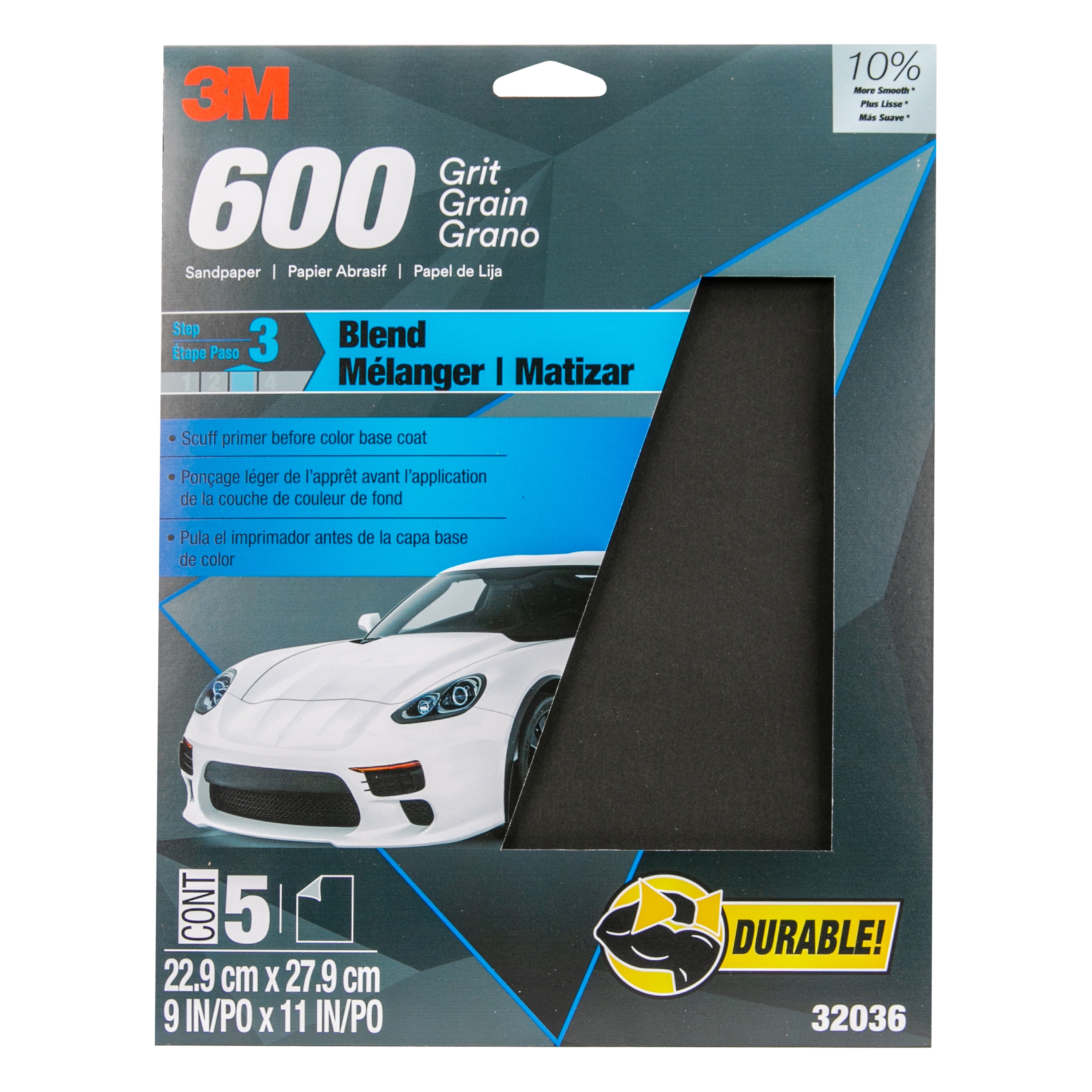 Papier abrasif 32036 Wetordry(MC) 3M(MC), grain 600, 9 po x 11 po, 5 feuilles/paquet