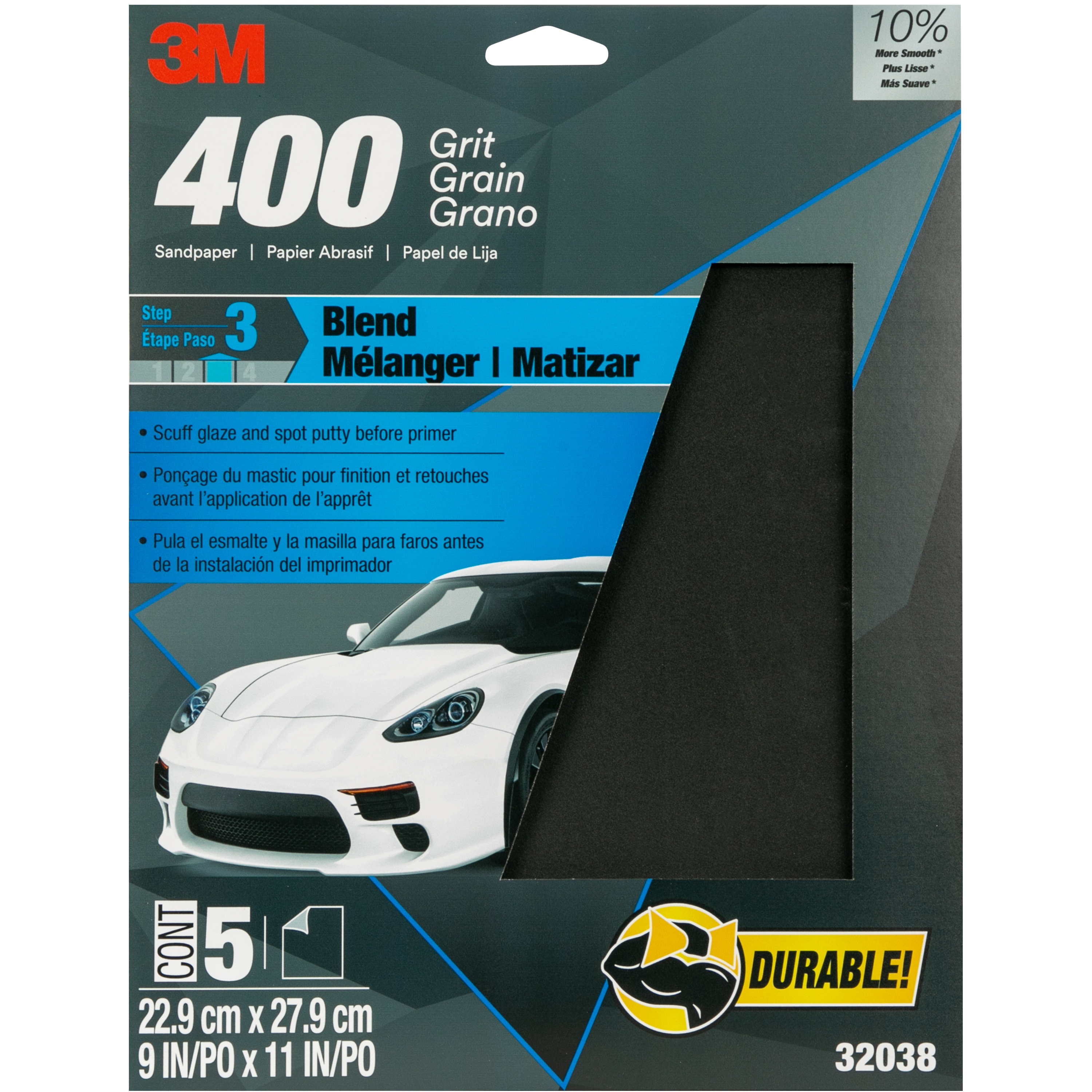 Papier abrasif 32038 Wetordry(MC) 3M(MC), 9 x 11 po, grain 400, 5 feuilles/paquet, 20 paquets/caisse