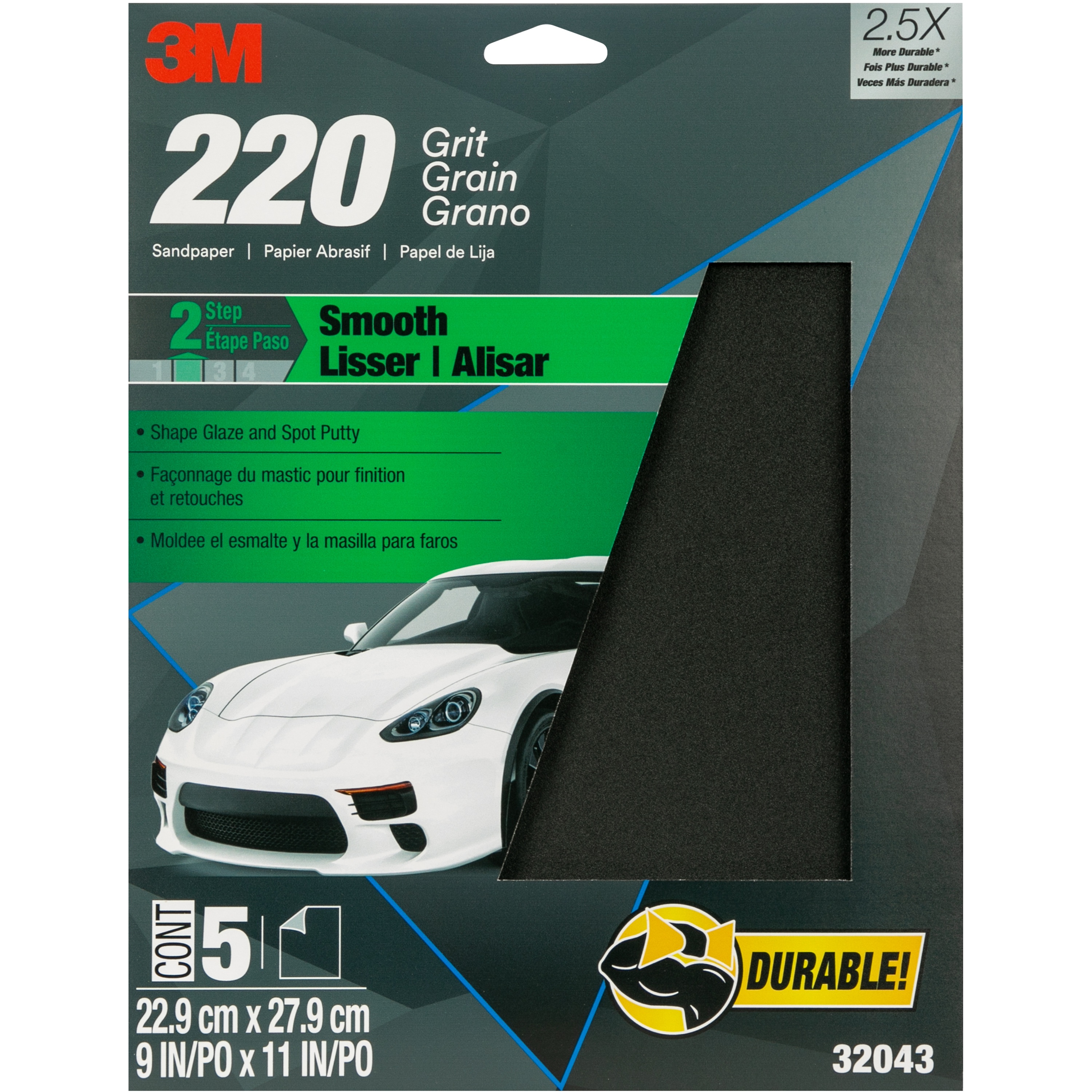 Papier abrasif 32043 Wetordry(MC) 3M(MC), 9 x 11 po, grain 220, 5 feuilles/paquet, 20 paquets/caisse