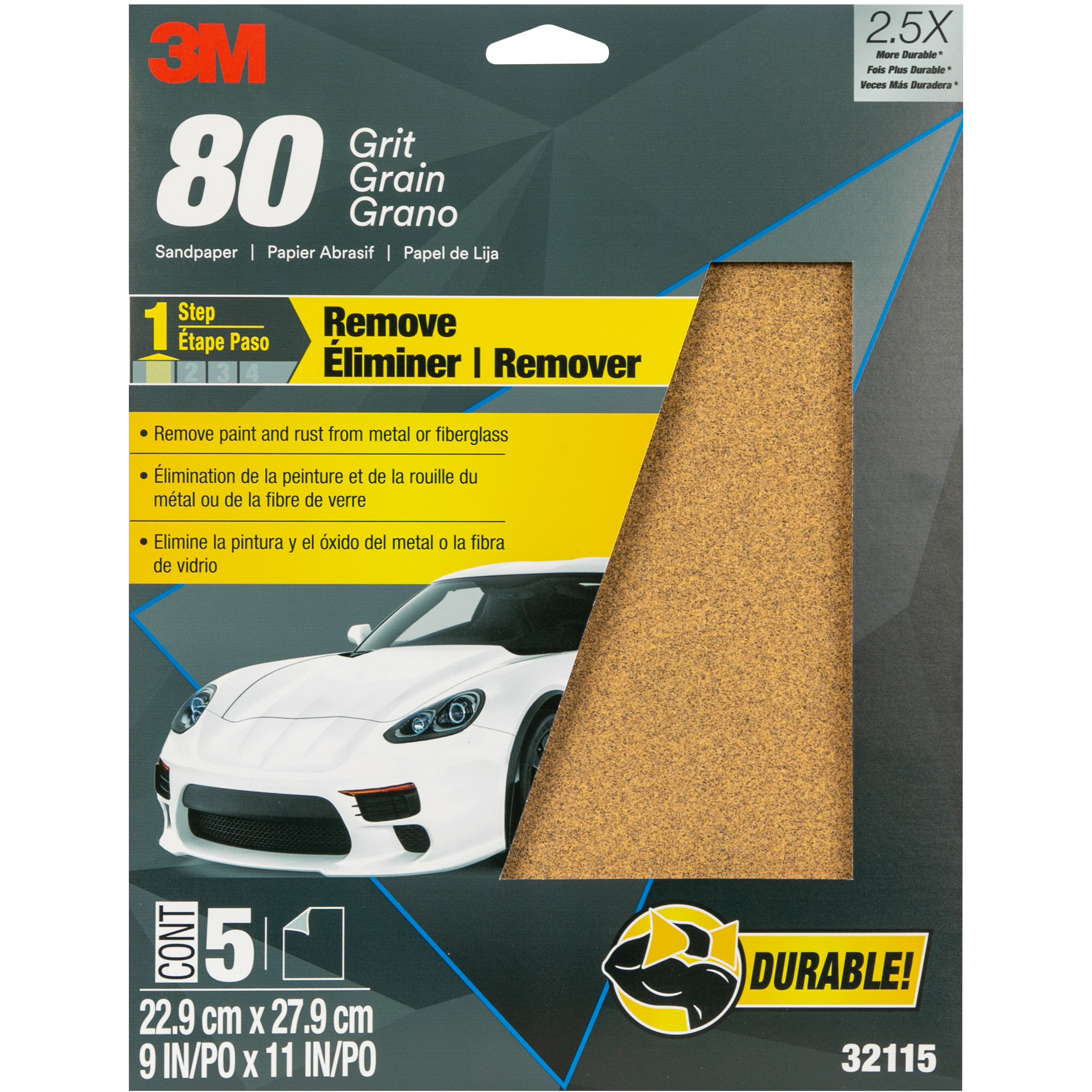 Papier abrasif 32115 3M(MC), 9 x 11 po, grain 80, 5 feuilles/paquet, 20 paquets/caisse