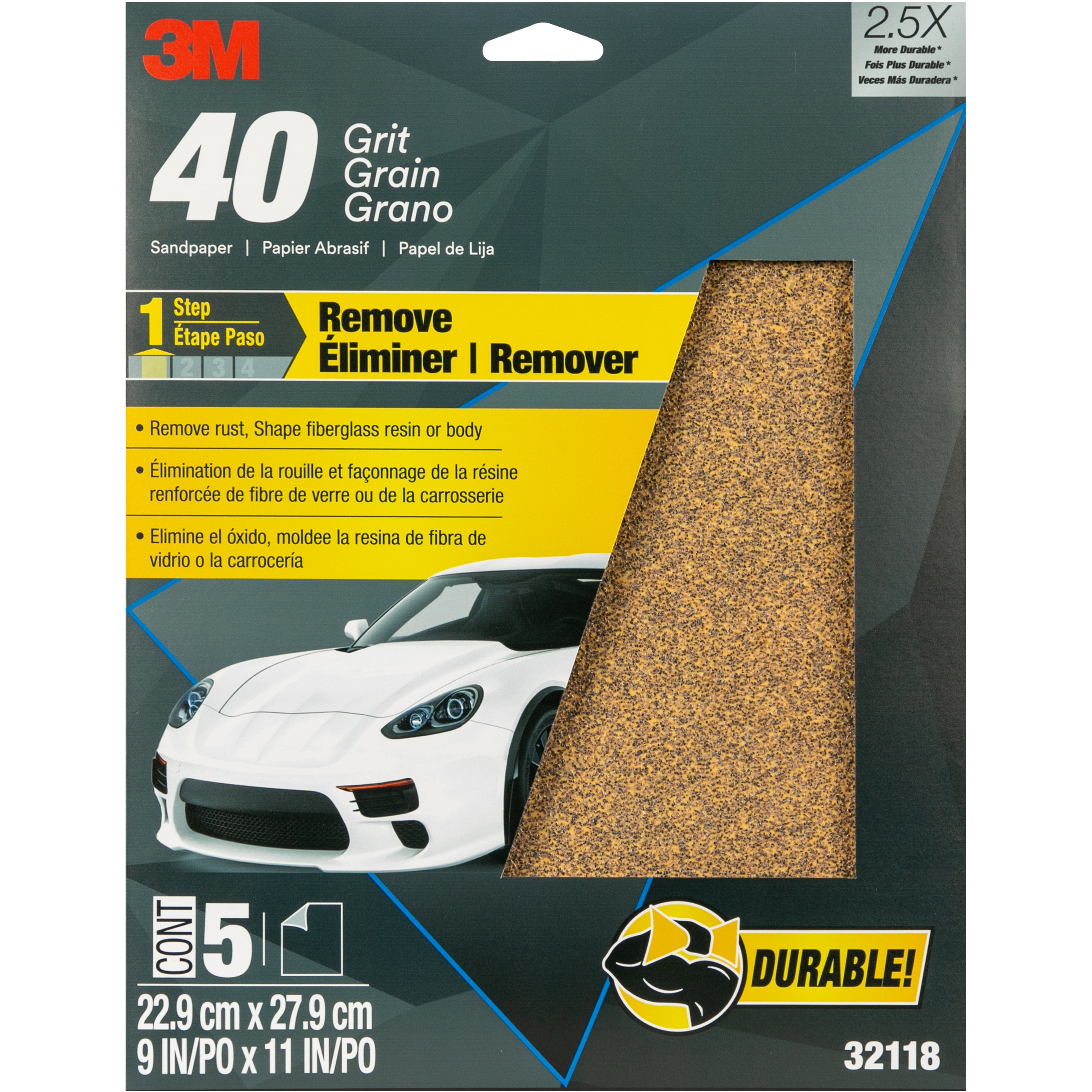 Papier abrasif 32118 3M(MC), 9 x 11 po, grain 40, 5 feuilles/paquet, 20 paquets/caisse