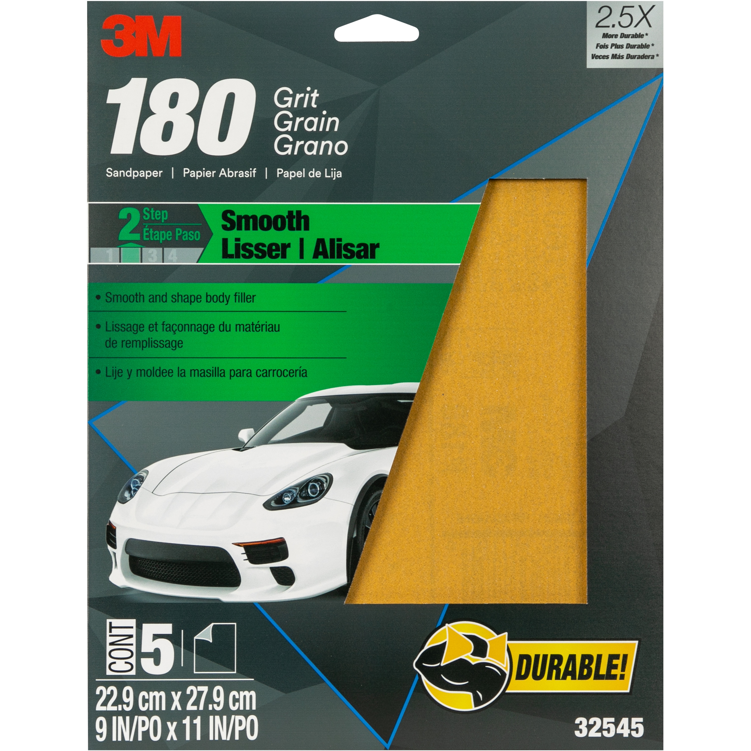 Papier abrasif 32545 3M(MC), 9 x 11 po, grain 180, 5 feuilles/paquet, 20 paquets/caisse