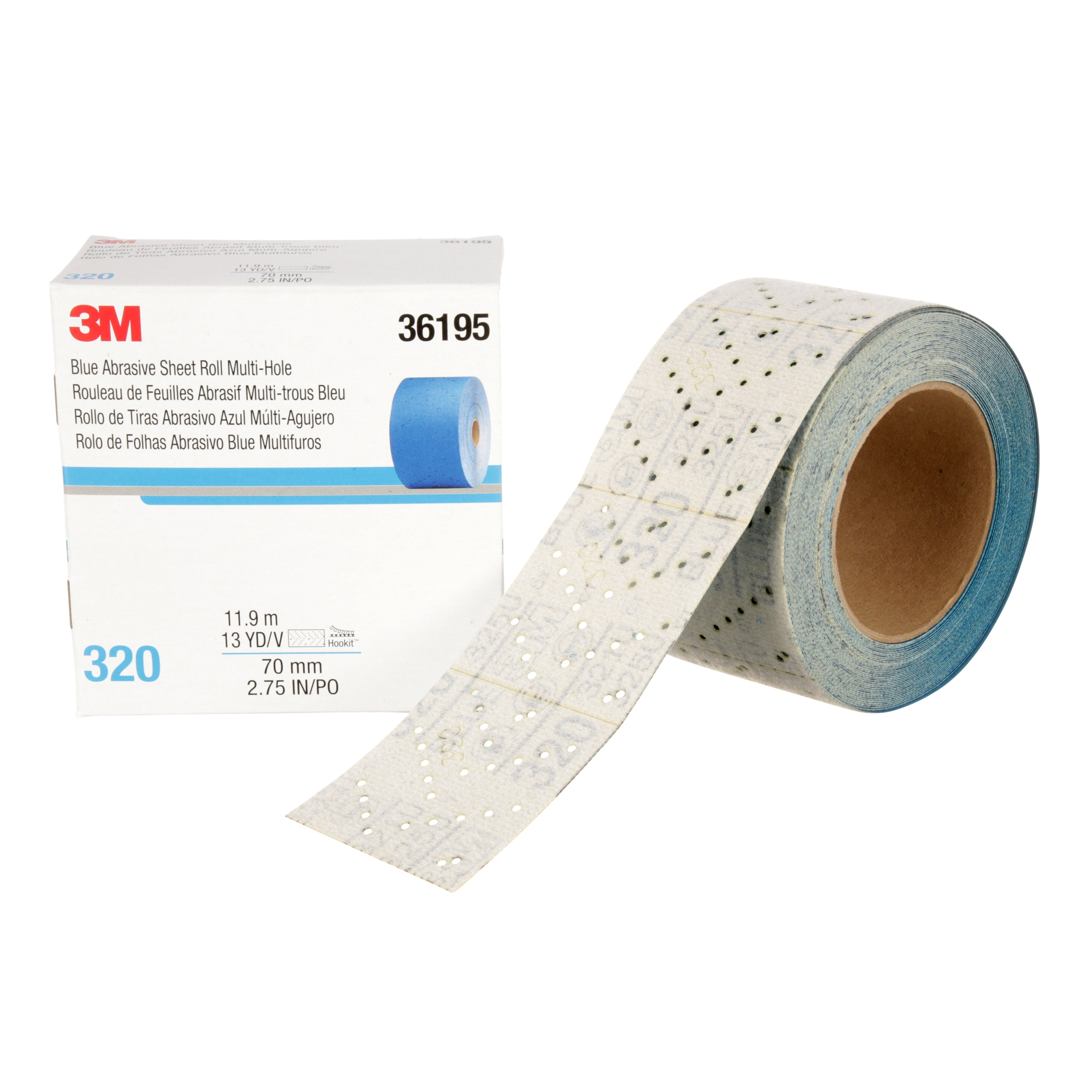 3M Hookit™ Blue Abrasive Sheet Roll 321U, 36195, 320+, Multi-hole, 2-3/4 in x 13 yd (69.85 mm x 11.89 m), 4/Case