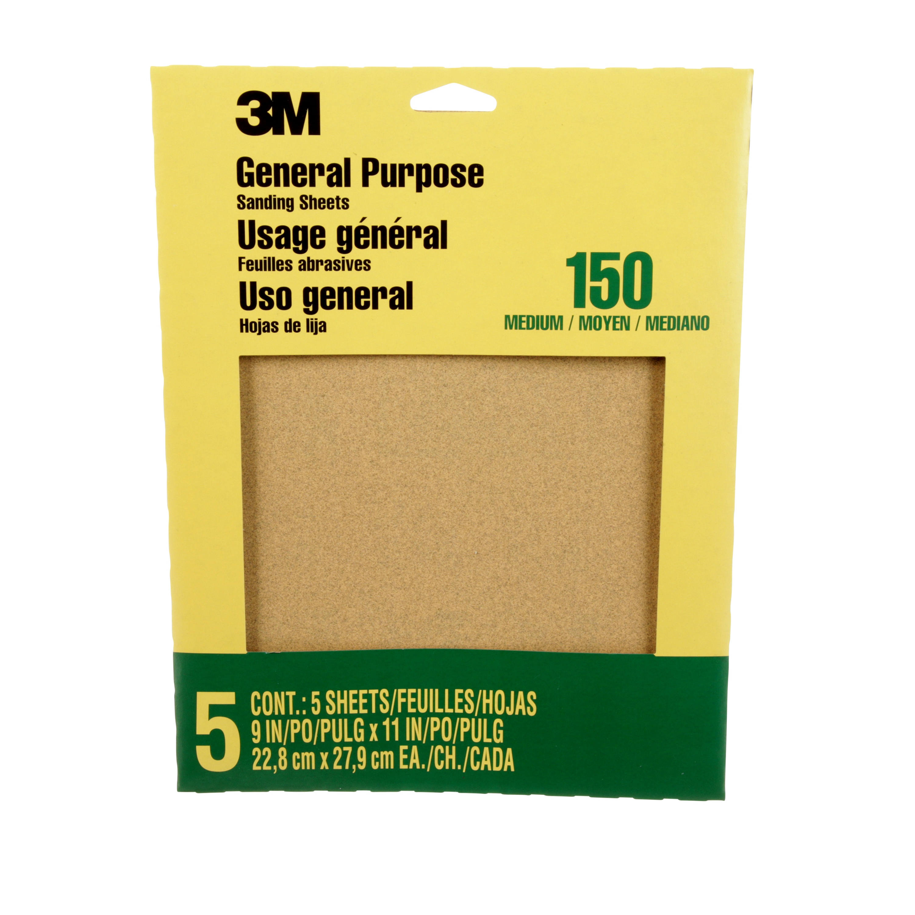 Papier abrasif à usage général 9002NA 3M(MC), Oxyde d’aluminium, grain 150, fin, 9 po x 11 po, 5/paquet