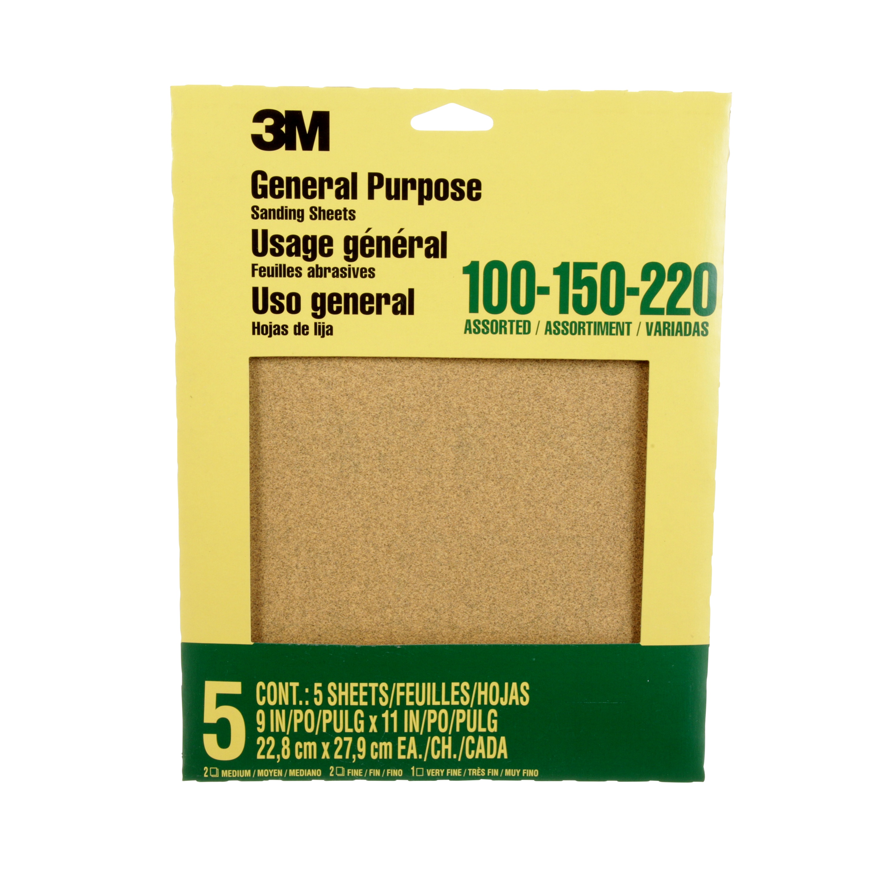 Papier abrasif à usage général 9000NA 3M(MC), oxyde d’aluminium, grain assorti, 9 po x 11 po, 5/paquet