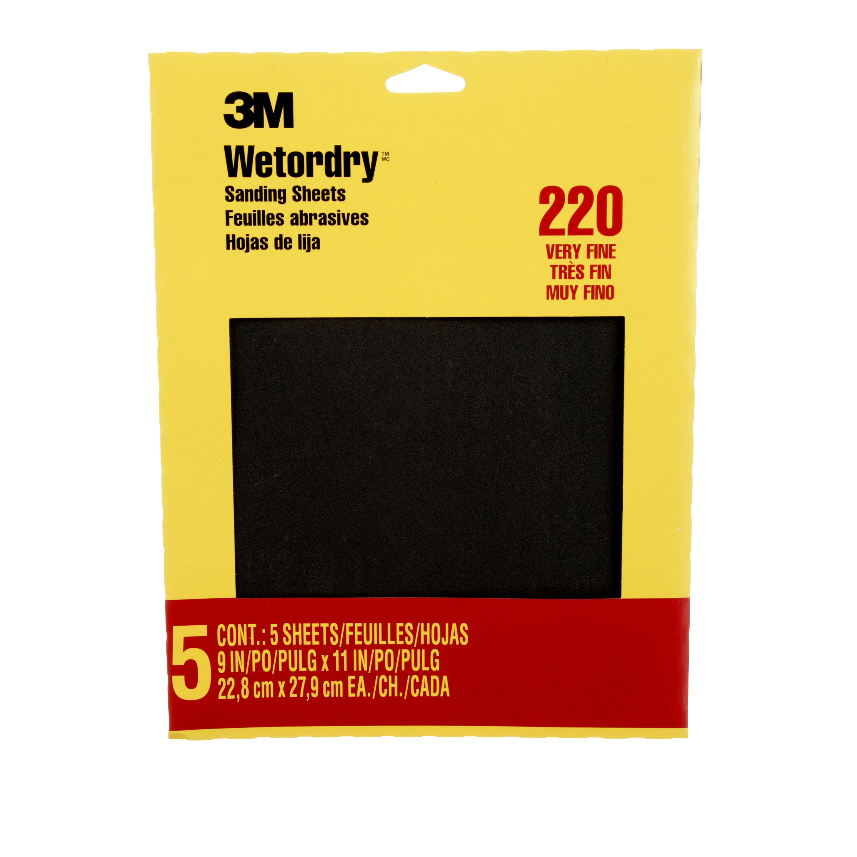Feuilles abrasives Wetordry(MC) 3M(MC) 9087NA, 9 po × 11 po, grain 220, 5 feuilles par paquet, 10 paquets par boîte, 50 paquets par carton